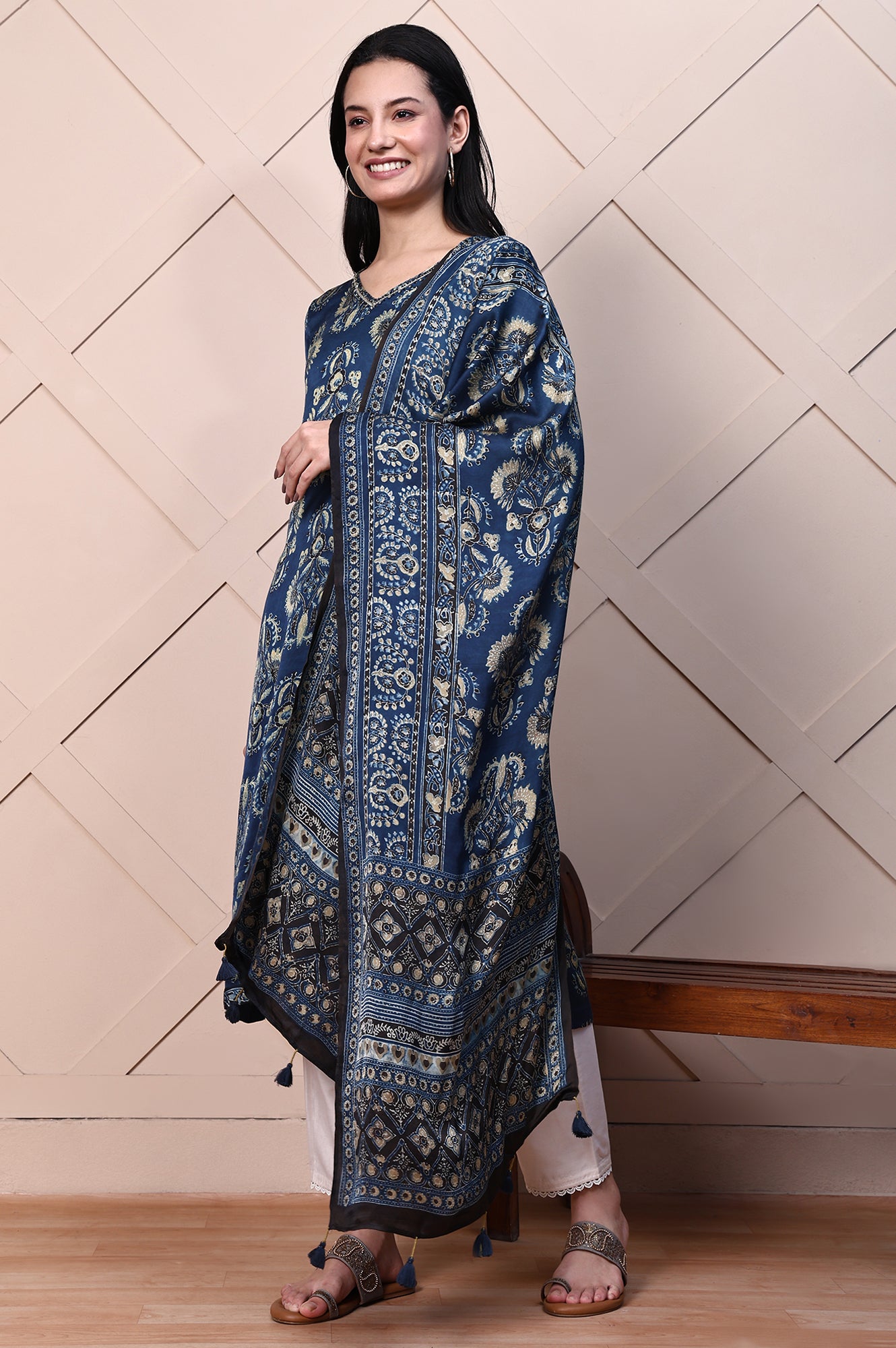 Blue Ethnic Motifs Satin Dupatta with Tassels