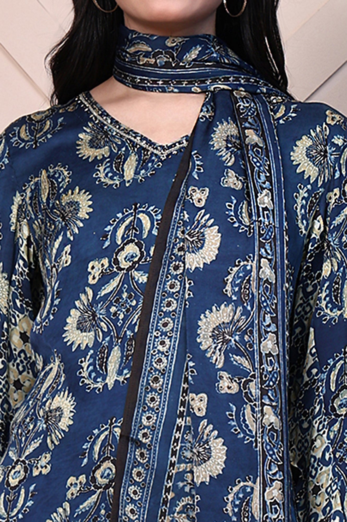 Blue Ethnic Motifs Satin Dupatta with Tassels