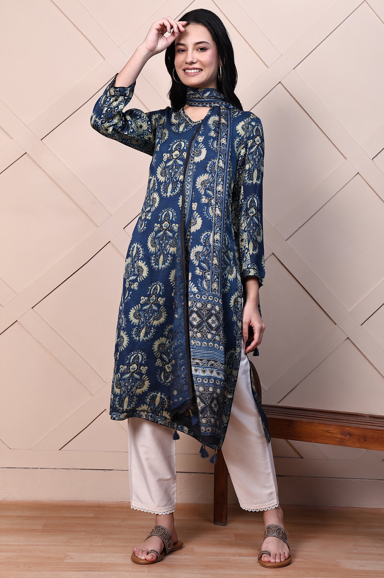 Blue Ethnic Motifs Satin Dupatta with Tassels