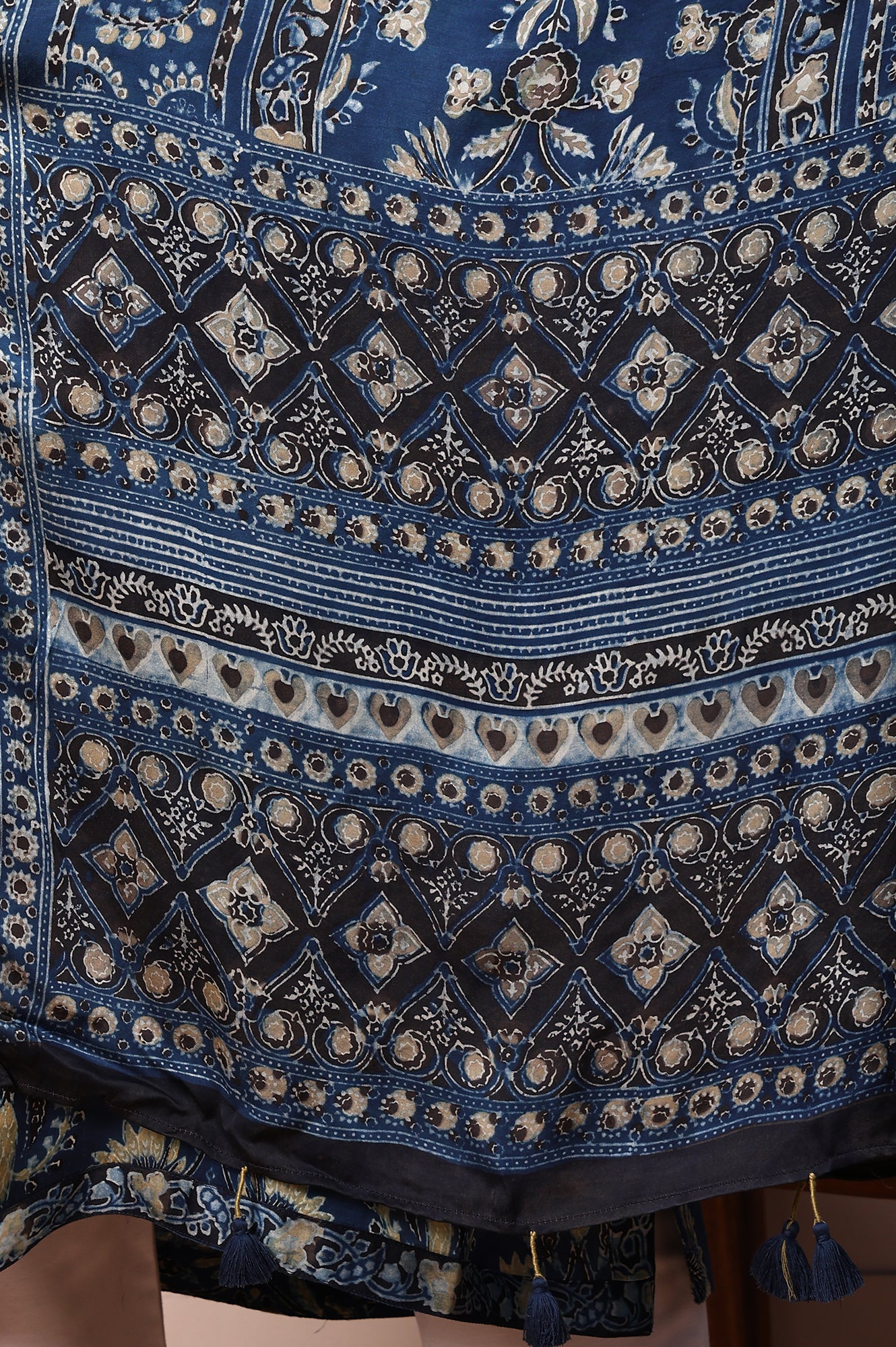 Blue Ethnic Motifs Satin Dupatta with Tassels