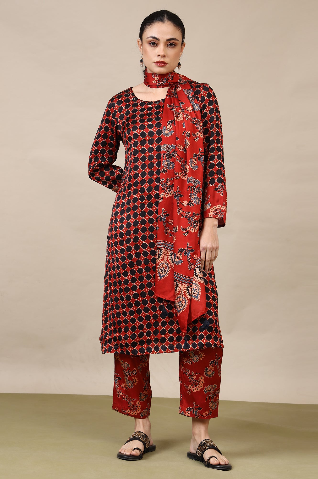 Red Ajrakh Printed Kurta, Straight Pants and Dupatta Set in Modal Satin