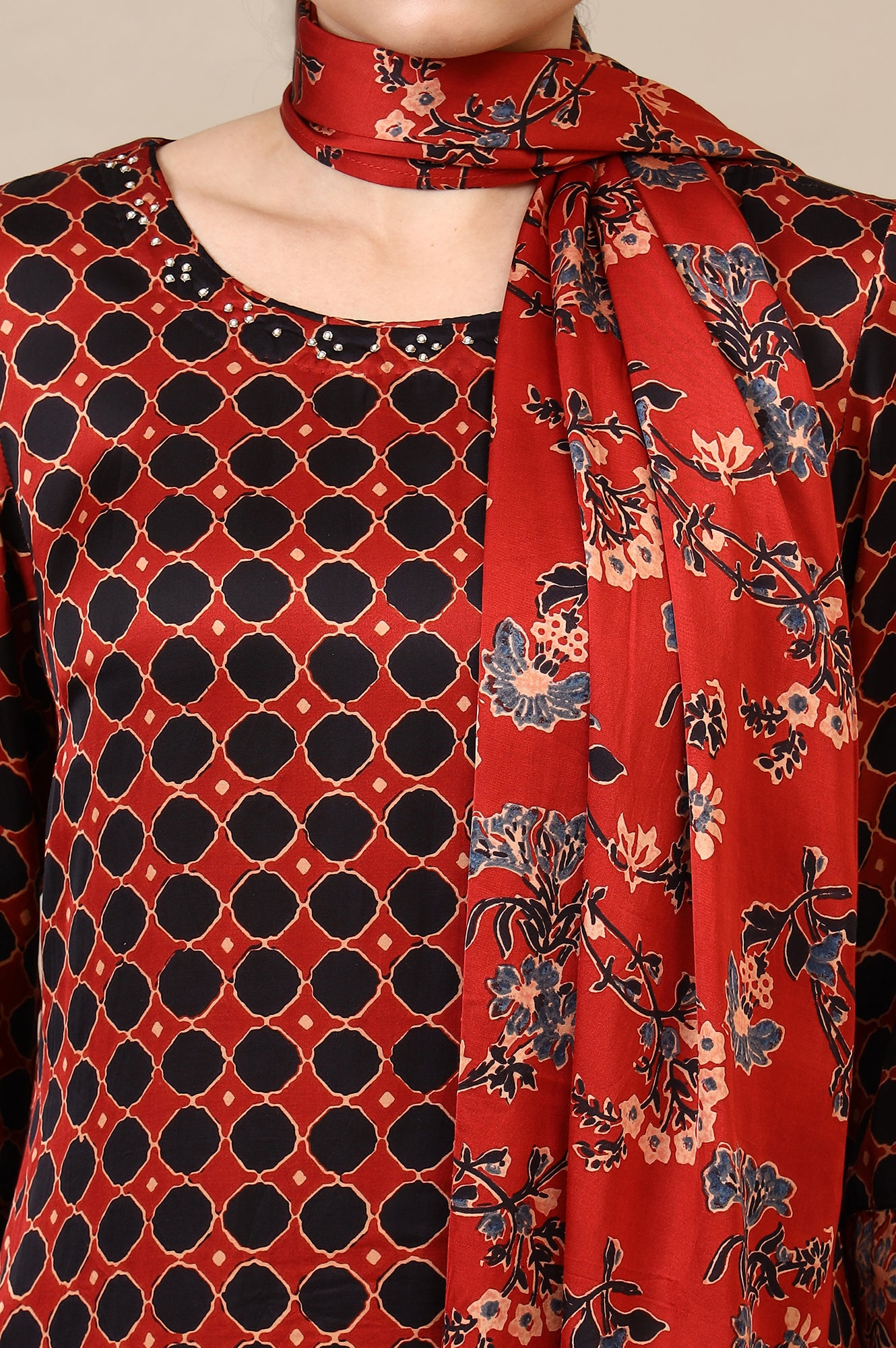 Red Ajrakh Printed Kurta, Straight Pants and Dupatta Set in Modal Satin