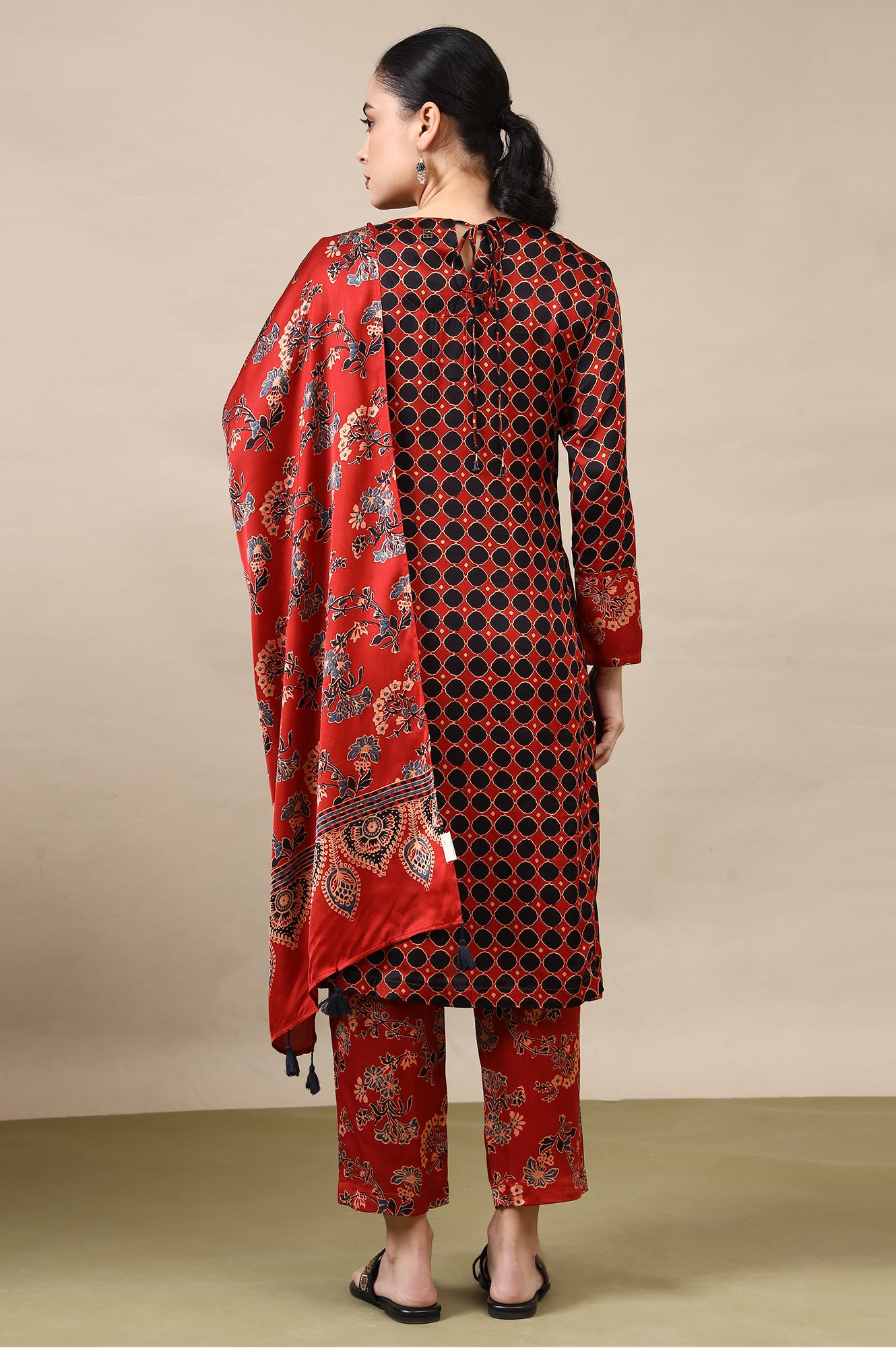 Red Ajrakh Printed Kurta, Straight Pants and Dupatta Set in Modal Satin