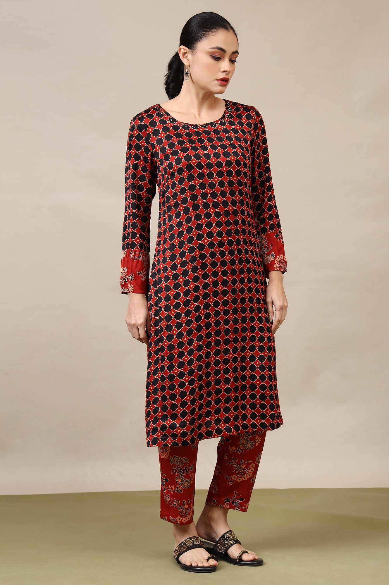 Red Ajrakh Printed Kurta, Straight Pants and Dupatta Set in Modal Satin