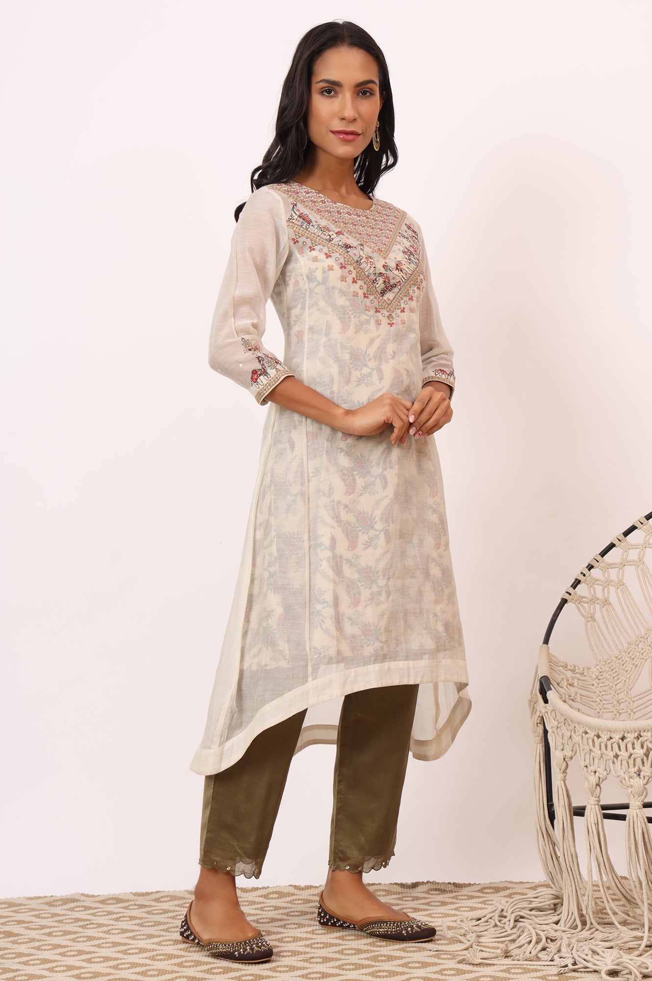 Ecru Cotton Silk Appliqué Embroidered Kurta, Pants and Dupatta Set