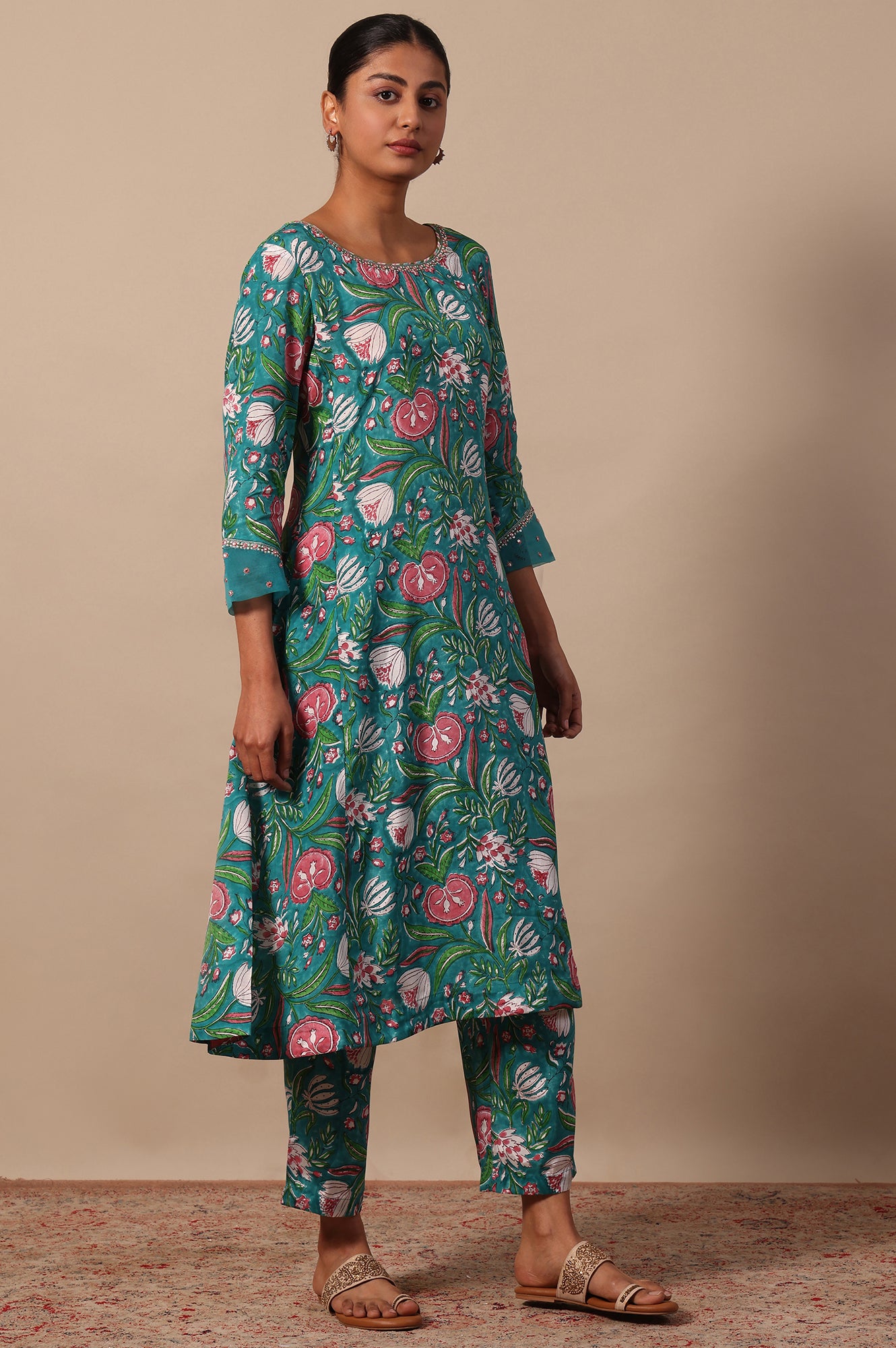 Floral Printed Mirror work A-line Viscose Kurta & Straight Pants with Dupatta Set