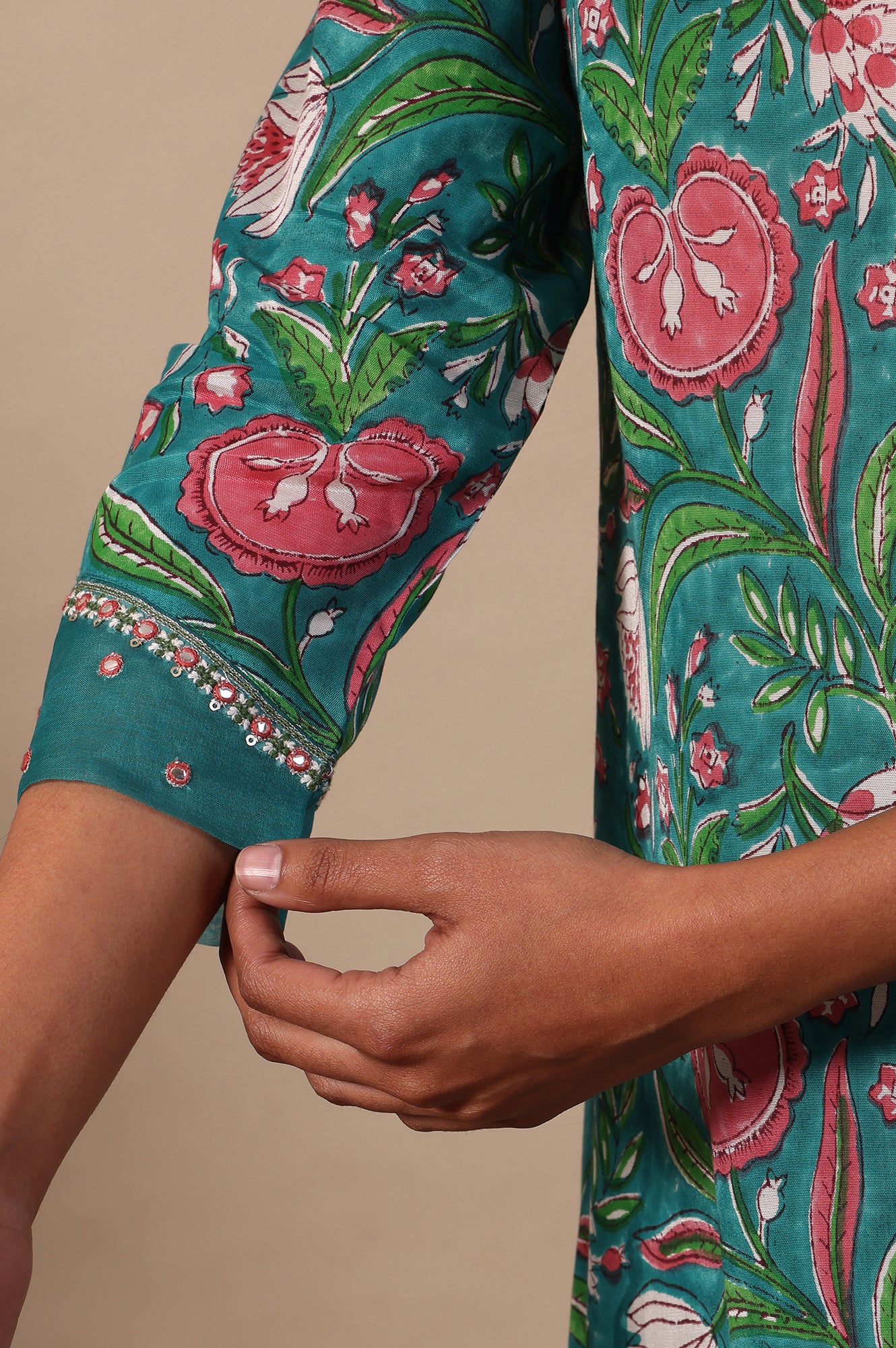 Floral Printed Mirror work A-line Viscose Kurta & Straight Pants with Dupatta Set