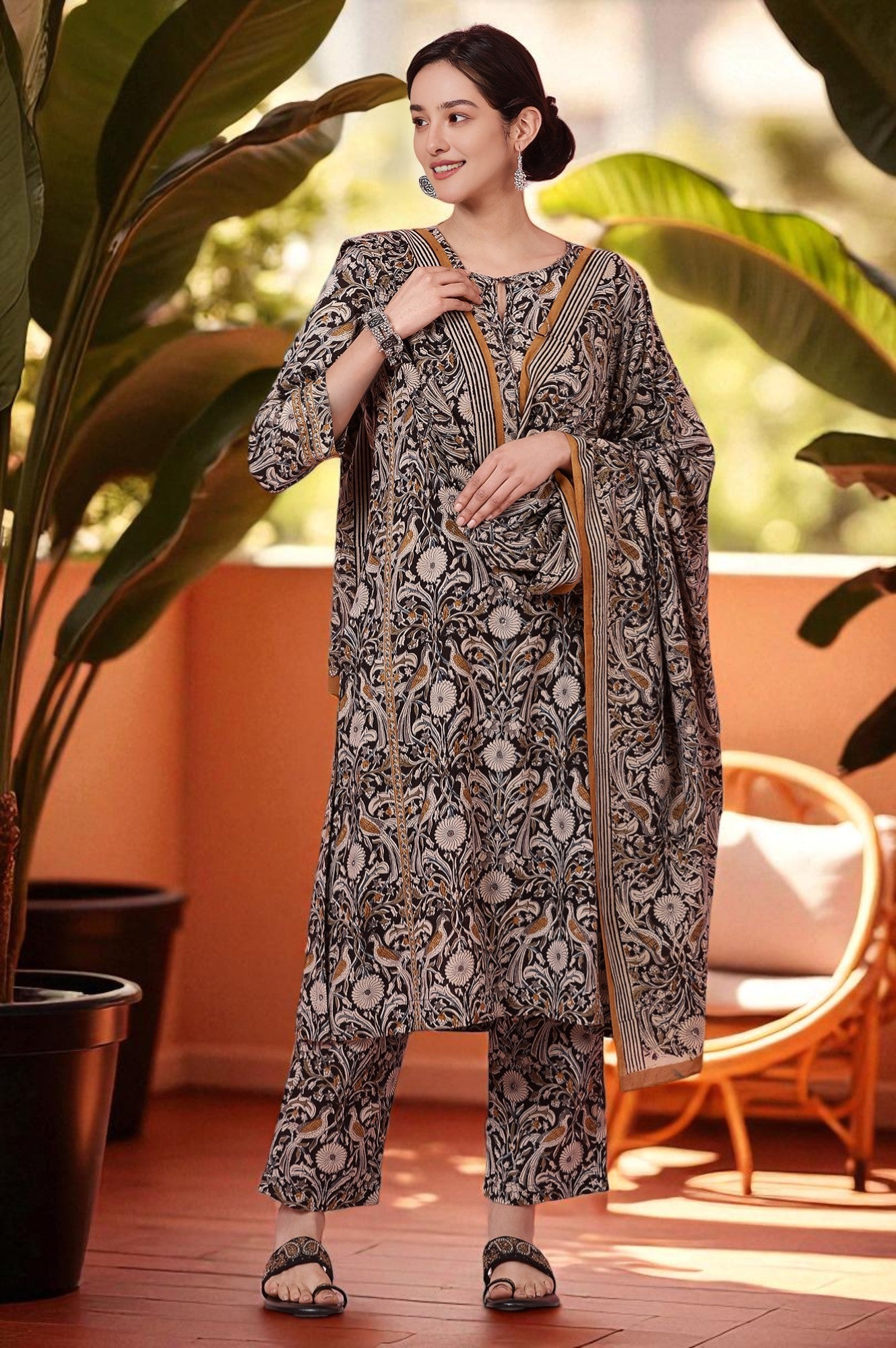 Dark Espresso Kalamkari Printed Kurta, Pants and Dupatta Set
