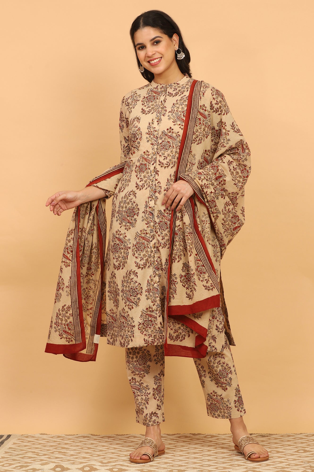Beige Kalamkari Printed Cotton Kurta, Pants with Dupatta Set