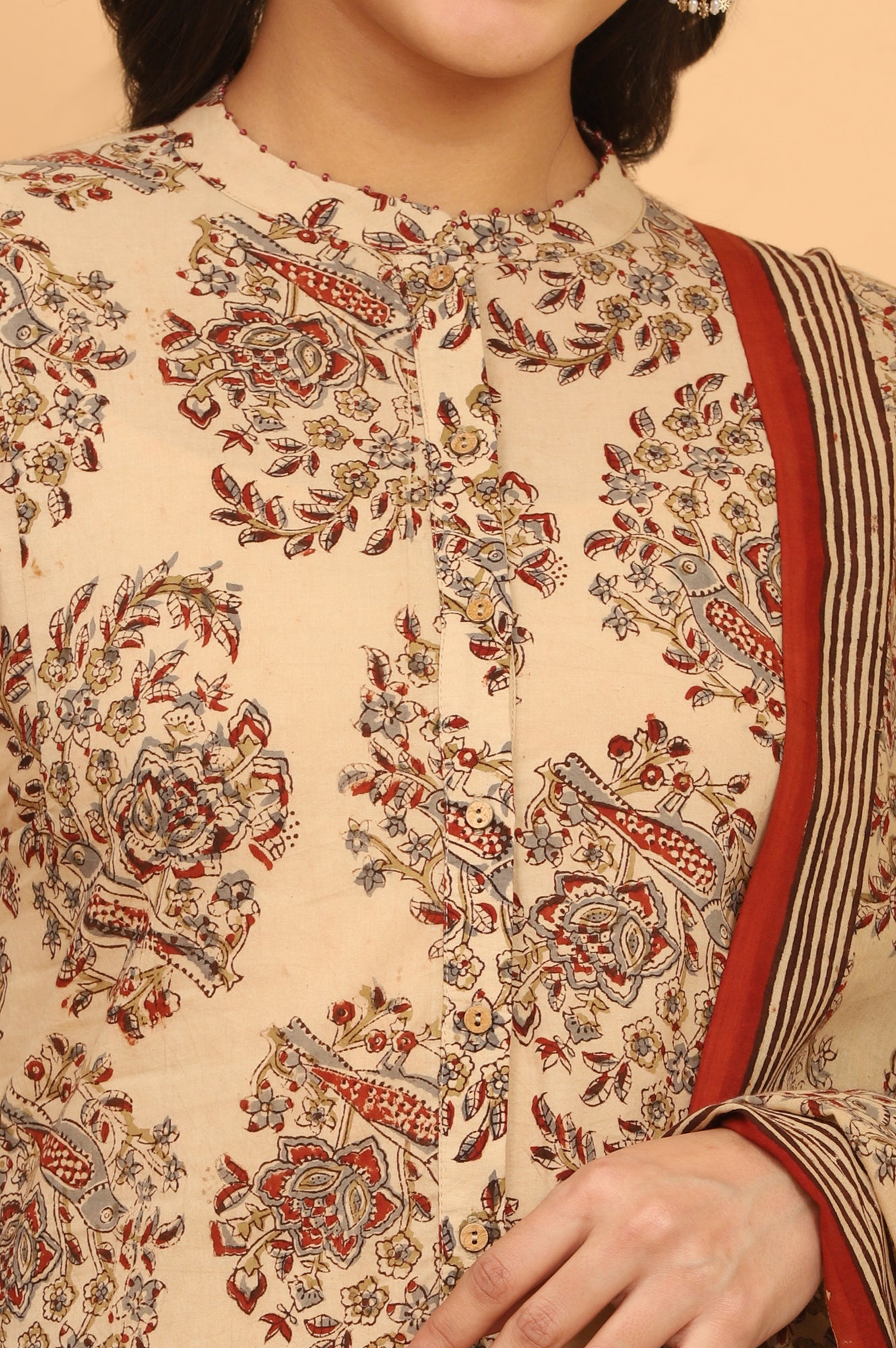 Beige Kalamkari Printed Cotton Kurta, Pants with Dupatta Set