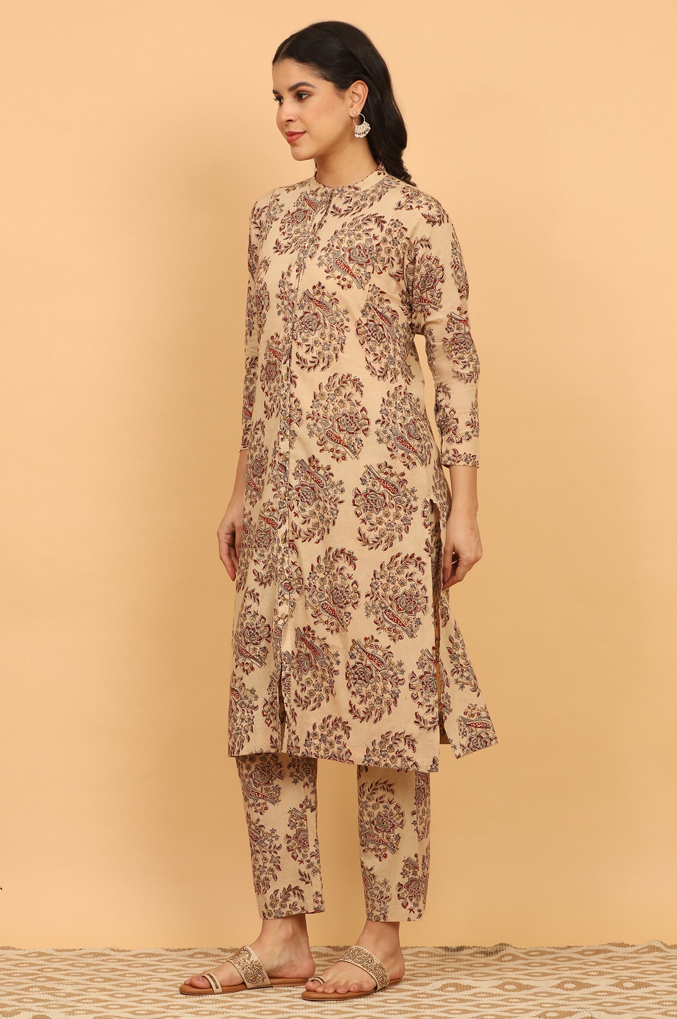 Beige Kalamkari Printed Cotton Kurta, Pants with Dupatta Set