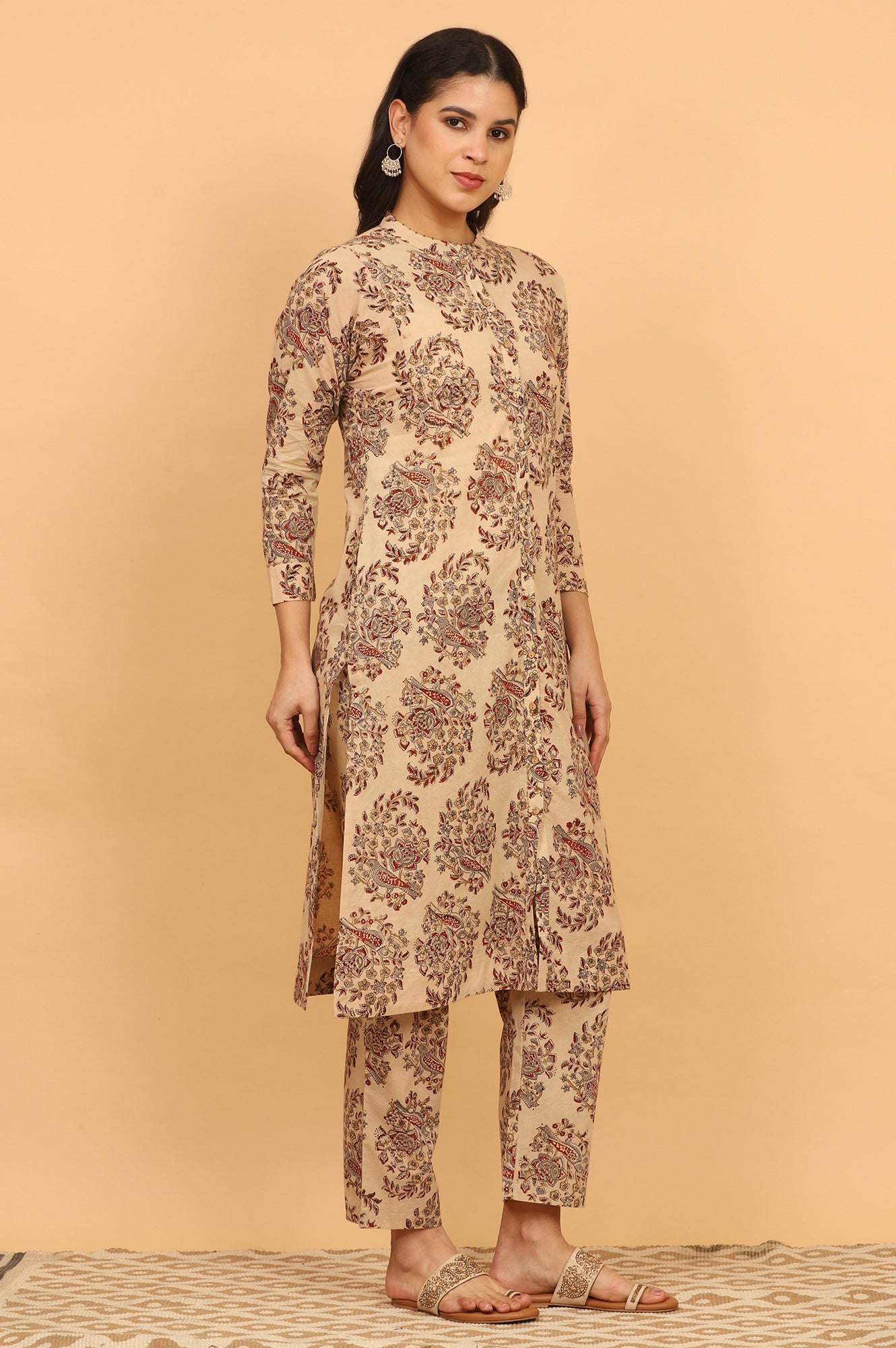 Beige Kalamkari Printed Cotton Kurta, Pants with Dupatta Set