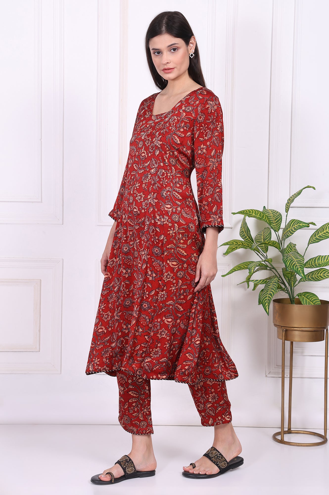 Red Floral Printed Modal Satin Straight Kurta, Pants and Dupatta Set