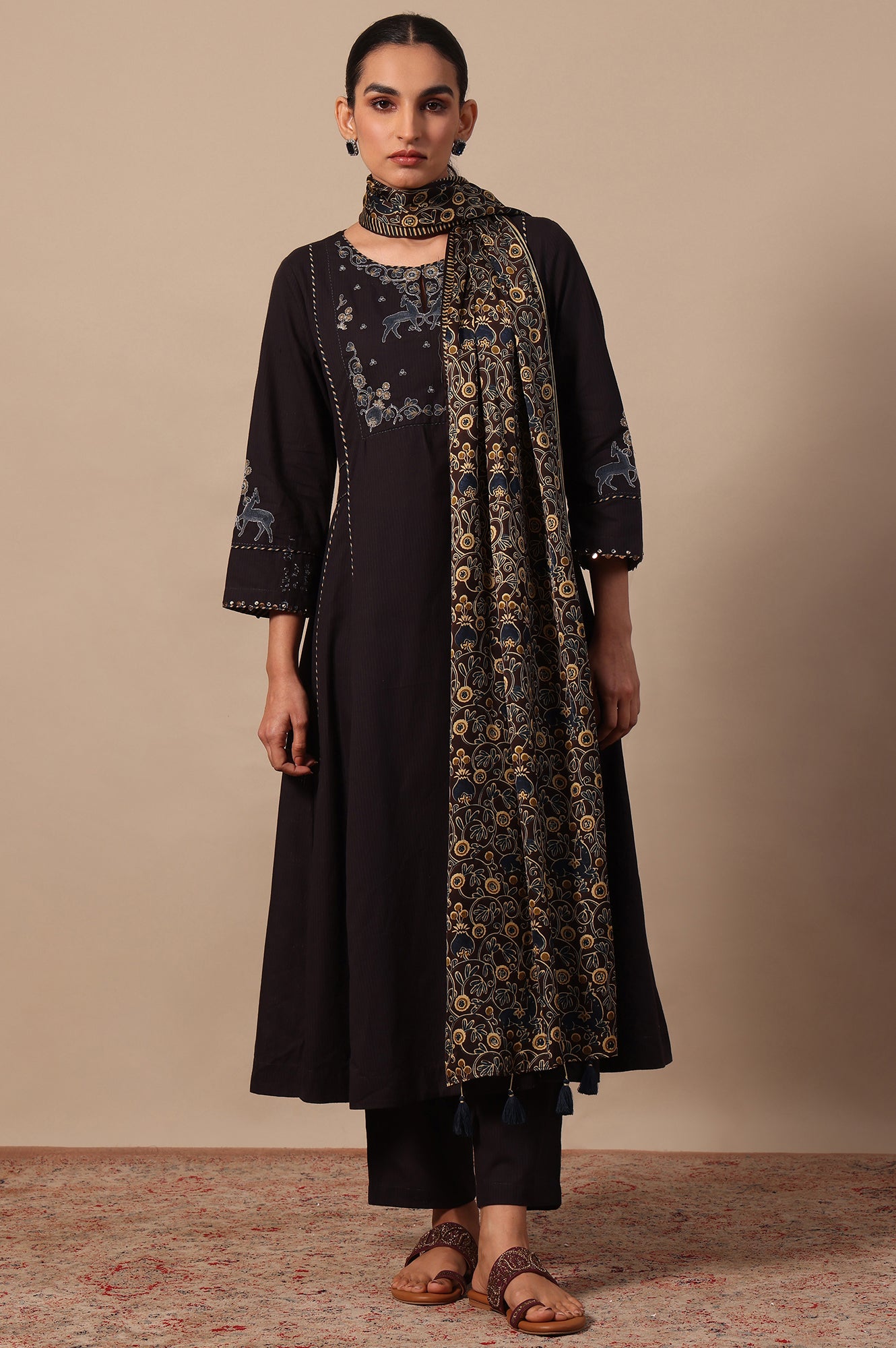 Printed Thread Embroidery Flared Pure Cotton Kurta & Straight Pants with Dupatta Set