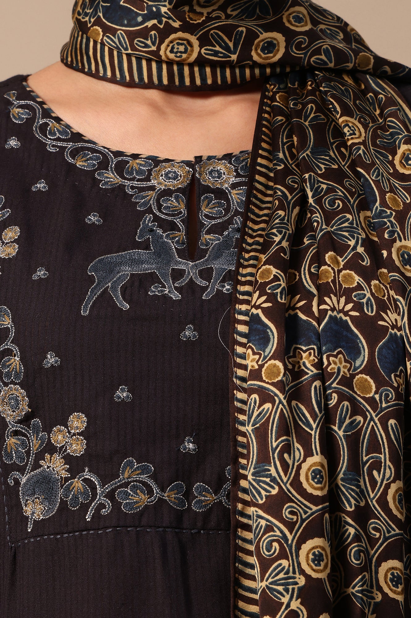 Printed Thread Embroidery Flared Pure Cotton Kurta & Straight Pants with Dupatta Set