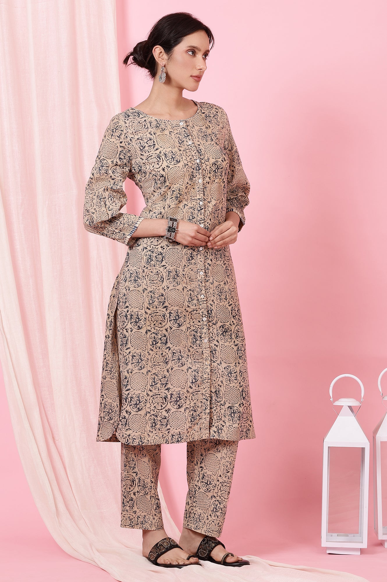 Beige Kalamkari Handblock Printed Co-ord Set