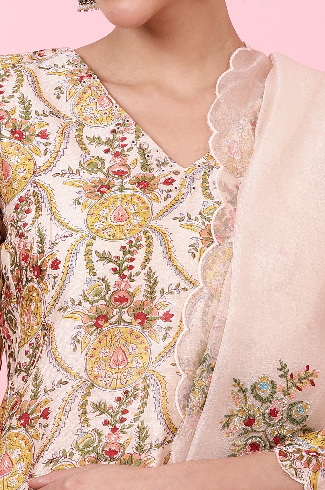 Ecru Handblock Printed Kurta, Straight Pants and Dupatta Set