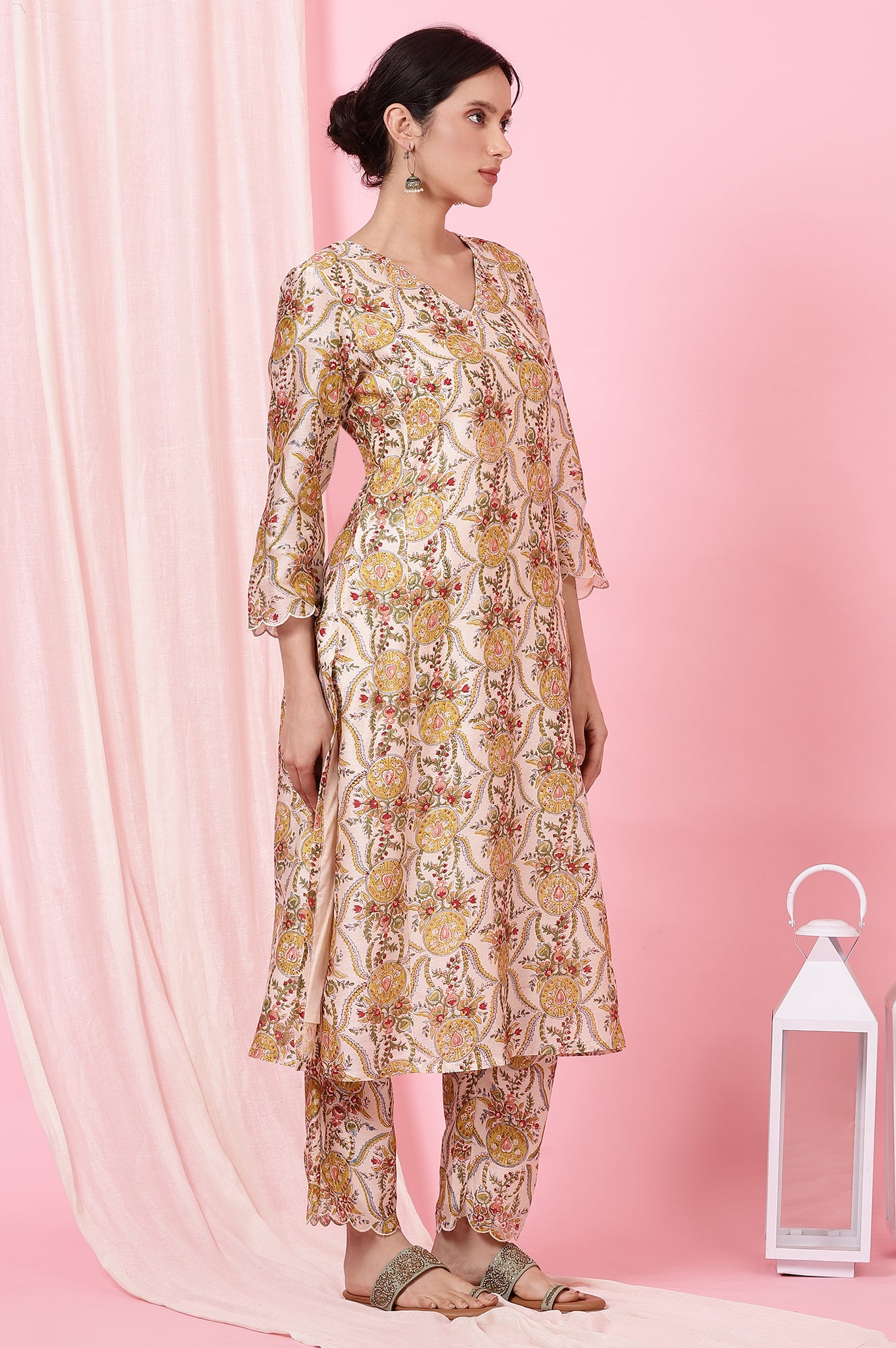 Ecru Handblock Printed Kurta, Straight Pants and Dupatta Set