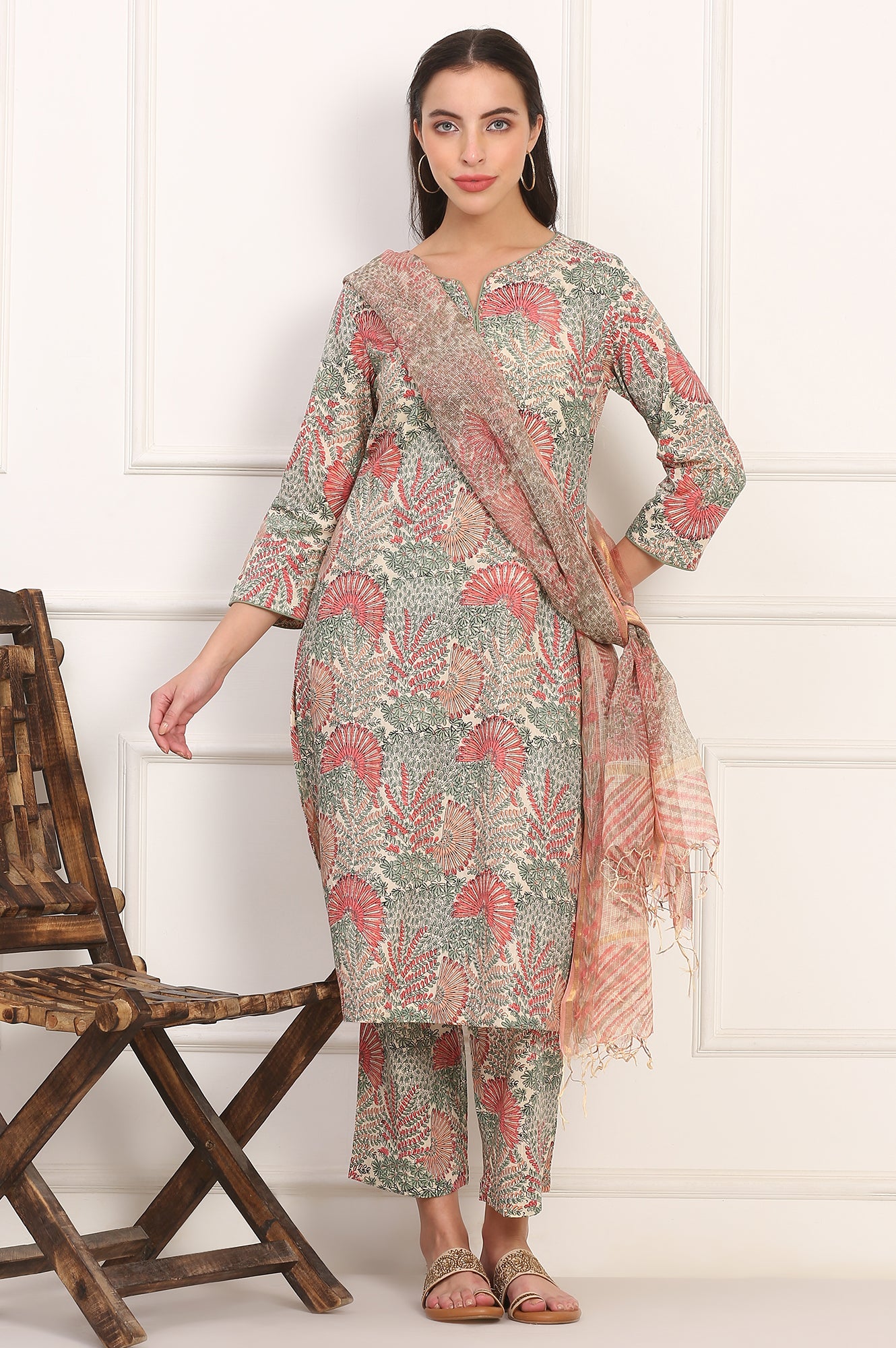 Off-White Floral Handblock Printed Pure Cotton Straight Kurta, Pants and Dupatta Set