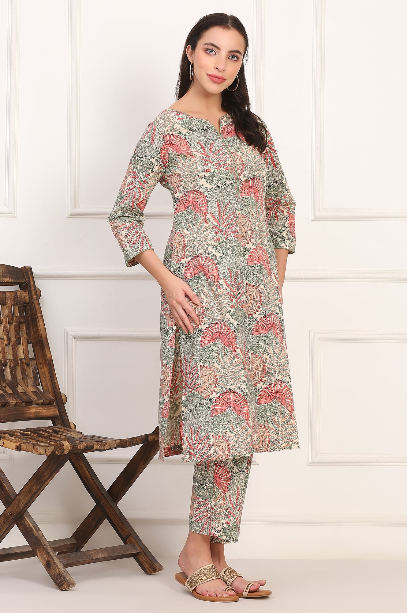 Off-White Floral Handblock Printed Pure Cotton Straight Kurta, Pants and Dupatta Set