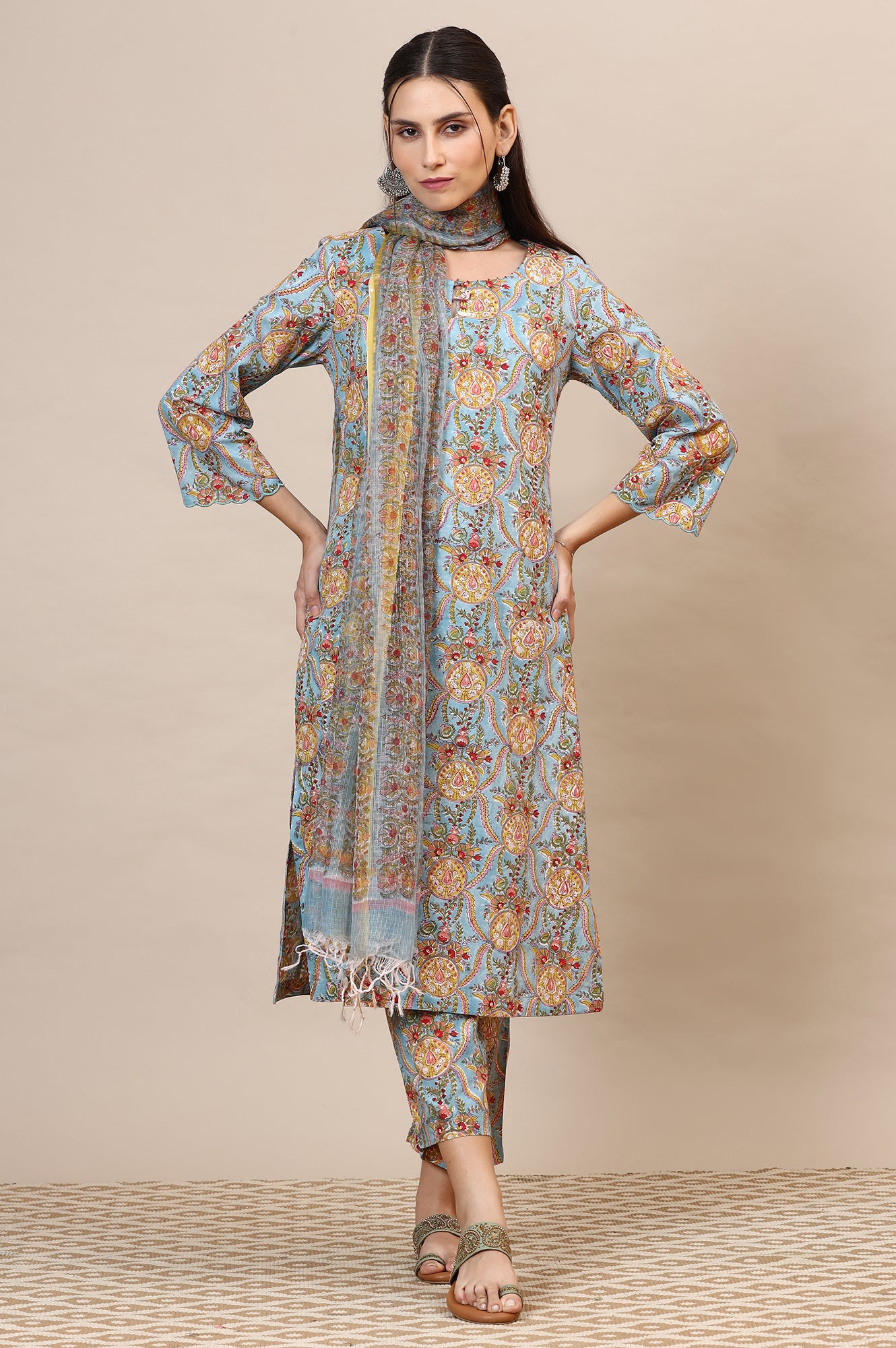 Blue Handblock Printed Kurta, Straight Pants and Dupatta Set