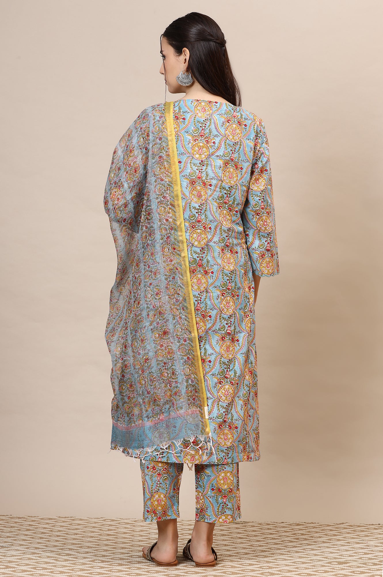 Blue Handblock Printed Kurta, Straight Pants and Dupatta Set