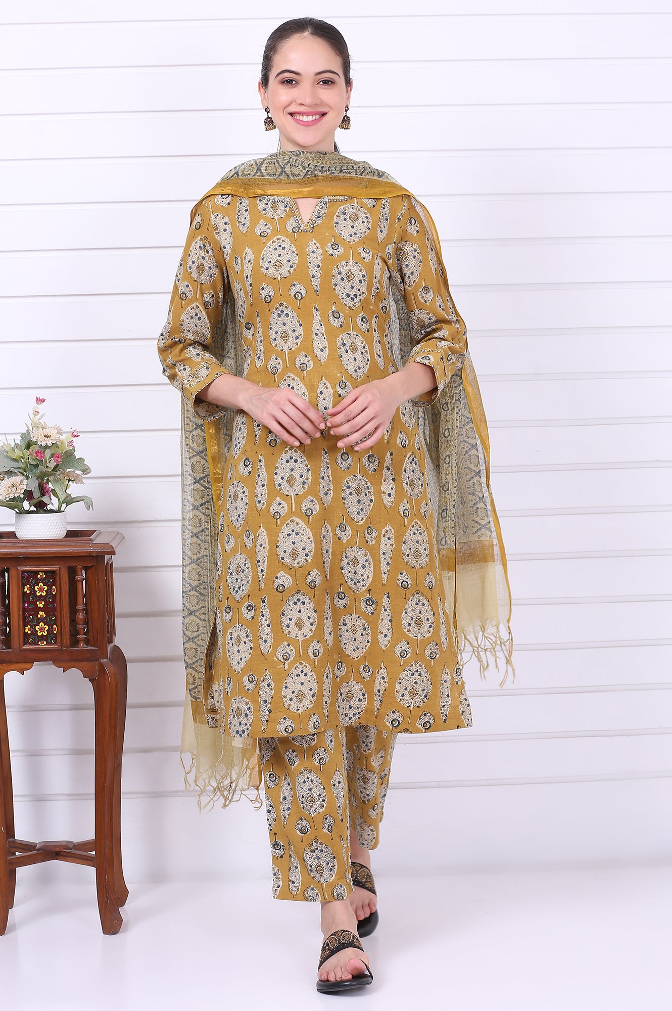 Yellow Kalamkari Printed Mirror Work Straight Pure Cotton Kurta, Pants and Dupatta Set