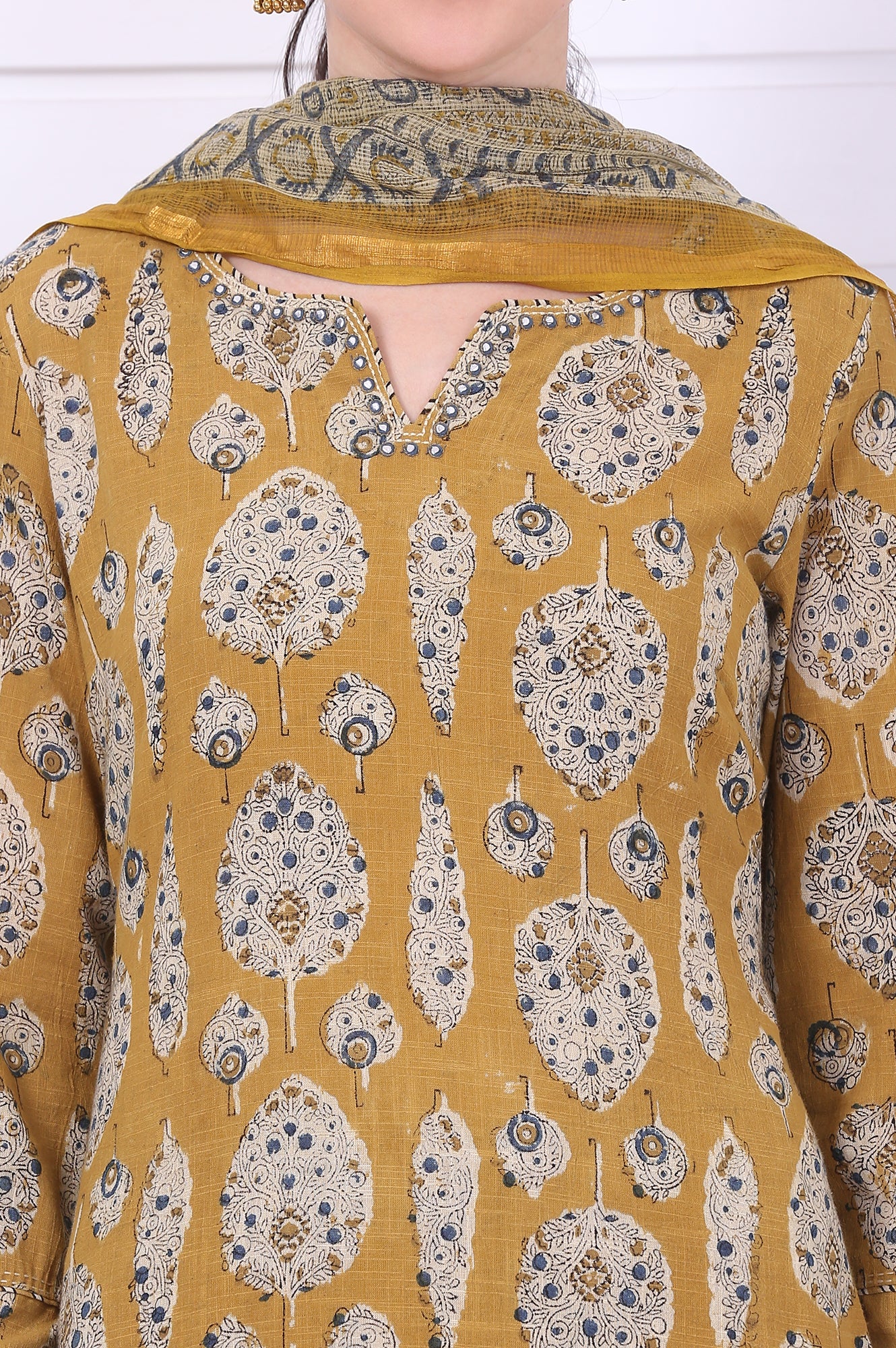 Yellow Kalamkari Printed Mirror Work Straight Pure Cotton Kurta, Pants and Dupatta Set