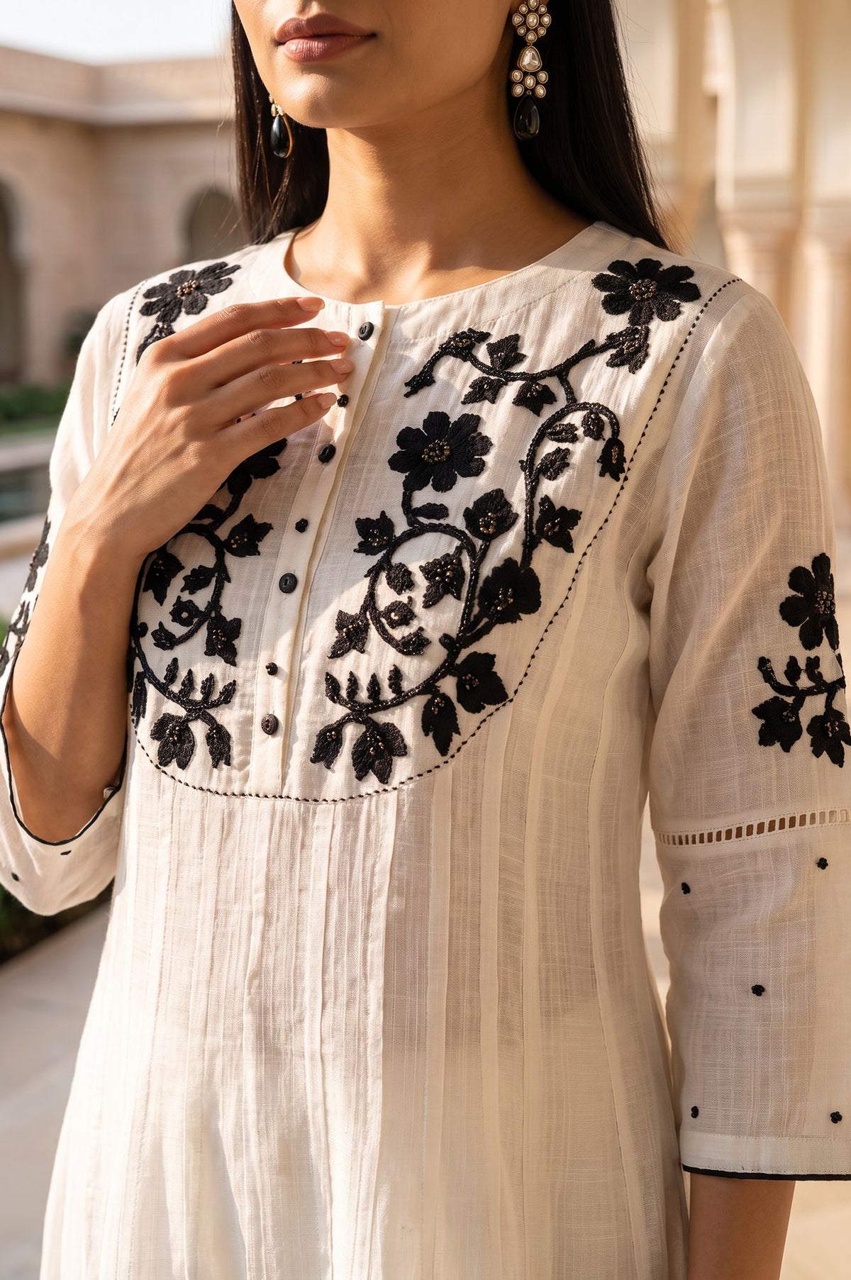 White Thread Embroidered Cotton A-line Kurta with Pants and Dupatta Set