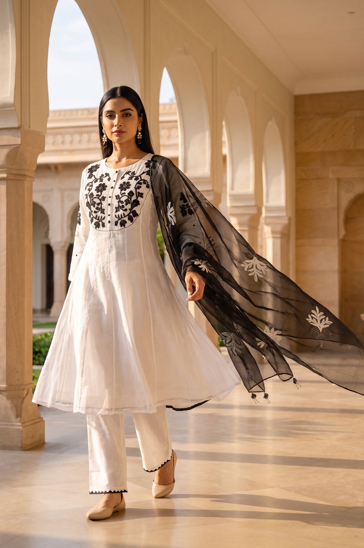 White Thread Embroidered Cotton A-line Kurta with Pants and Dupatta Set