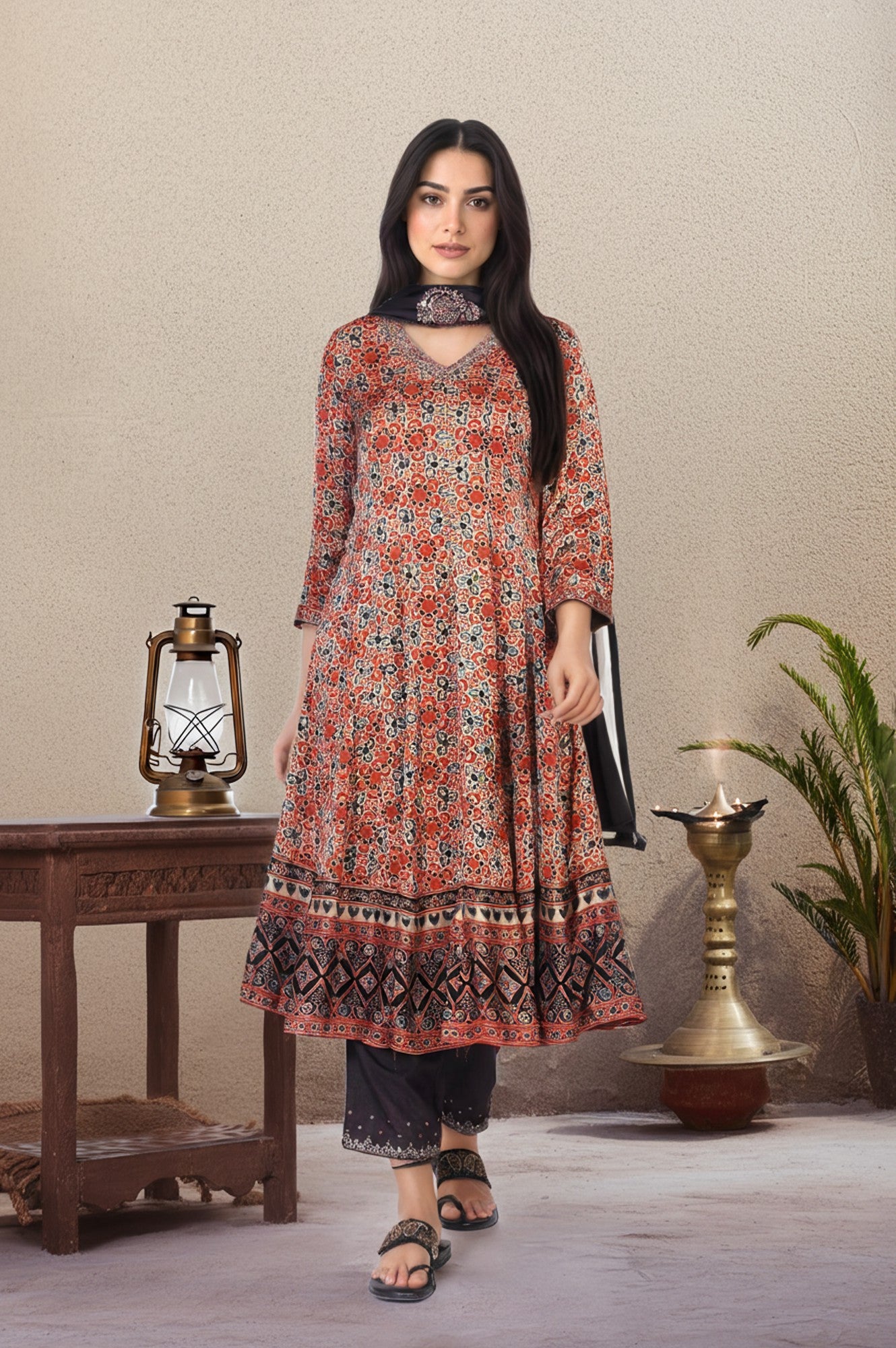 Beige Ethnic Motifs Printed Embellished Anarkali Satin Kurta with Straight Pant and Dupatta Set