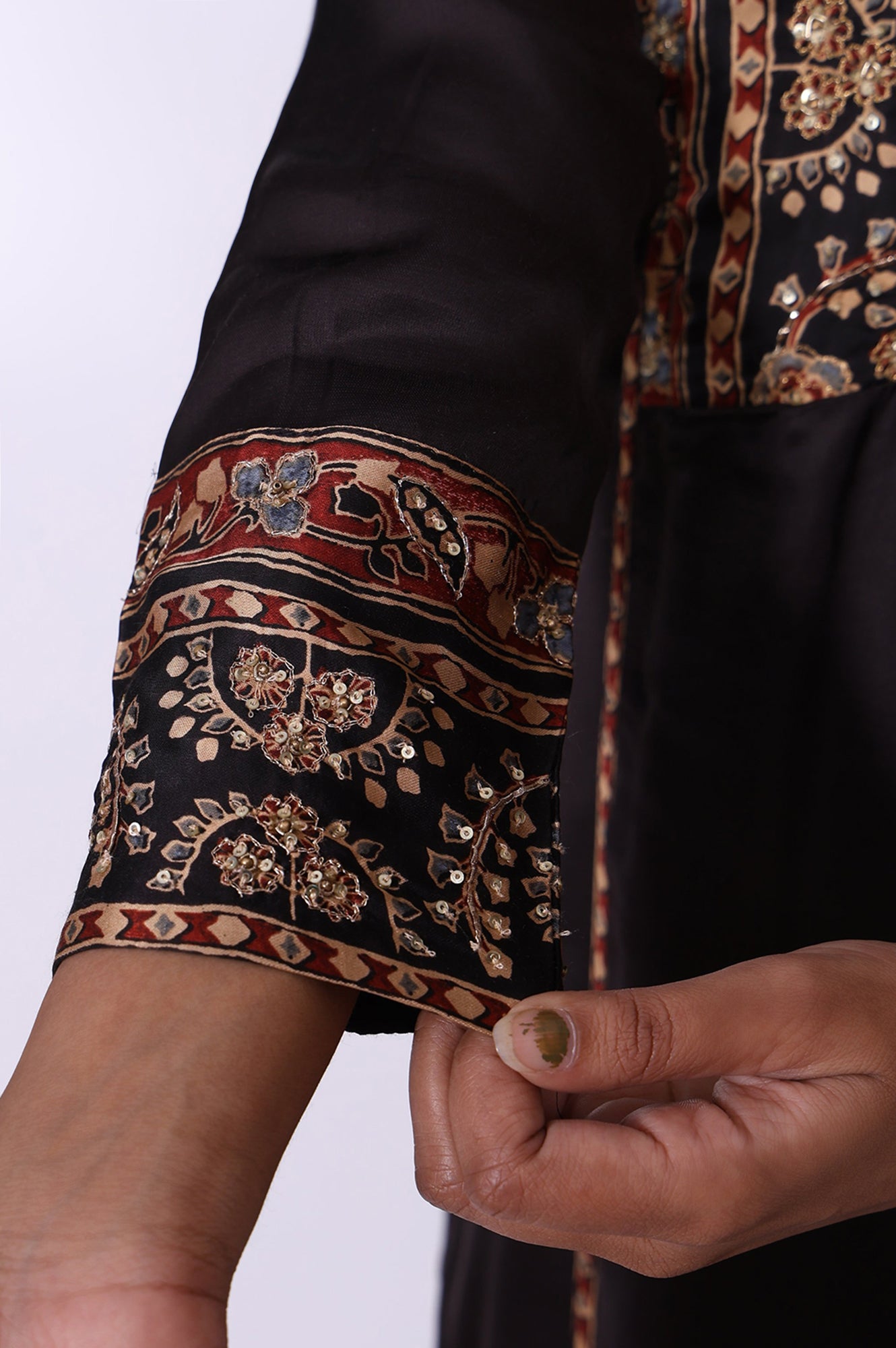 Black Floral Printed Satin Straight Kurta with Parallel Pant and Dupatta Set