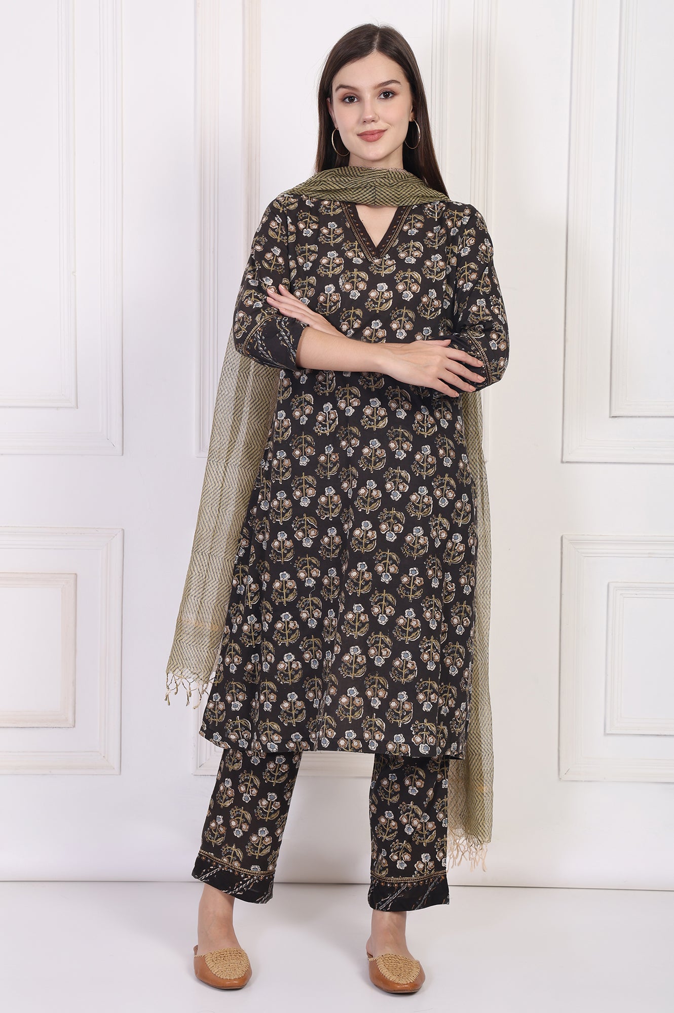Black Floral Printed Embellished A-Line Cotton Kurta with Straight Pant and Dupatta Set