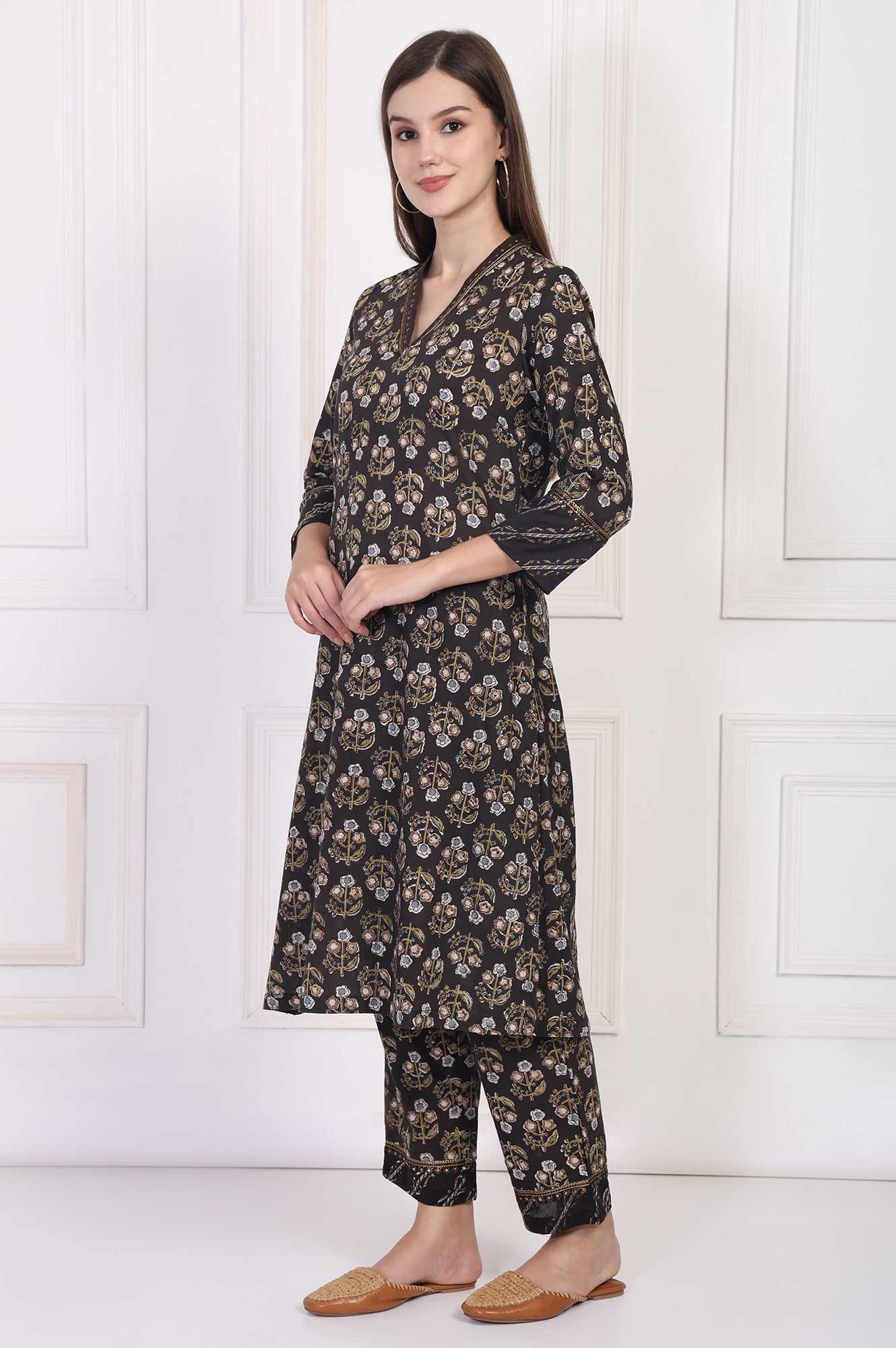 Black Floral Printed Embellished A-Line Cotton Kurta with Straight Pant and Dupatta Set