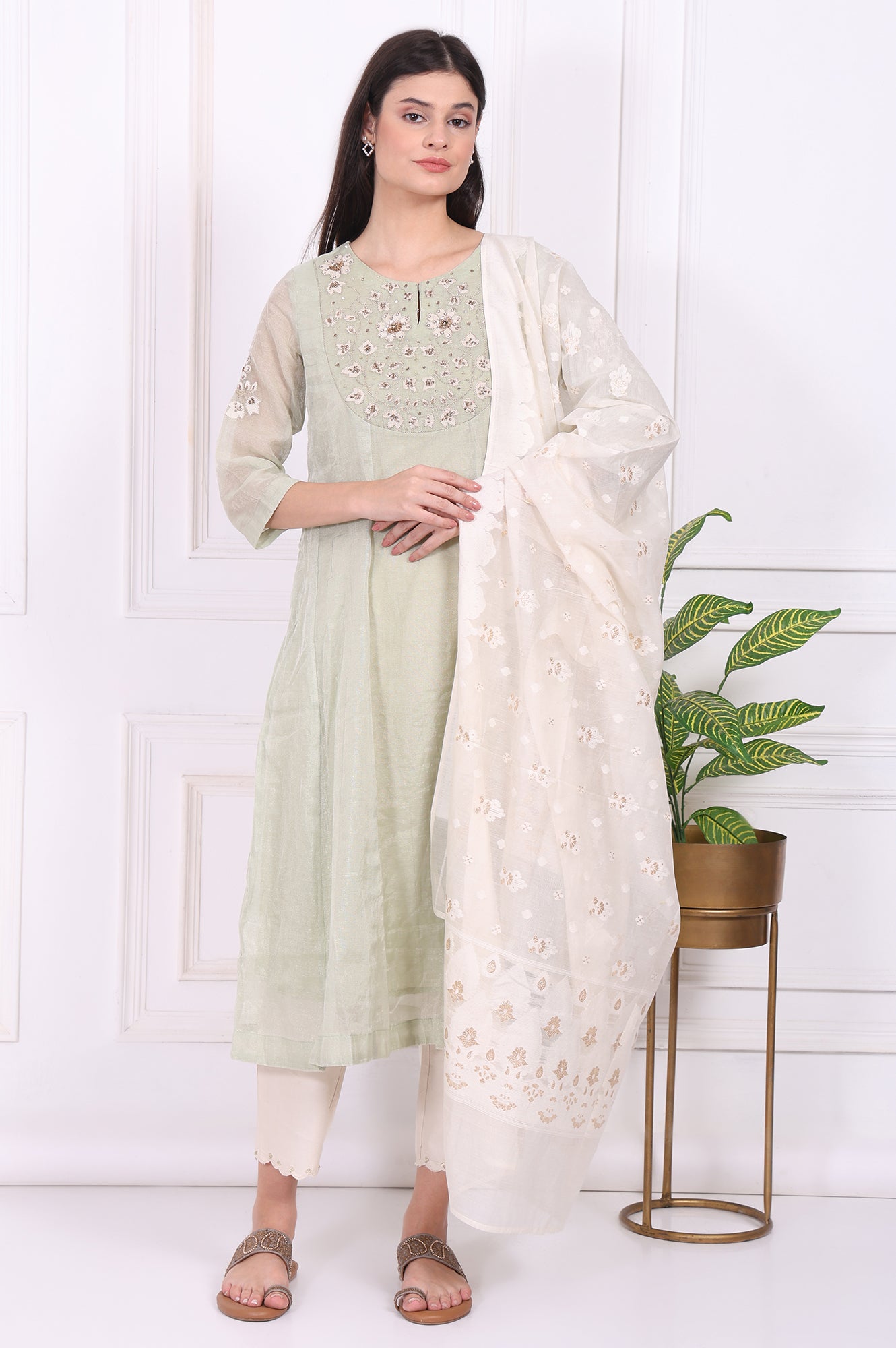 Light Green Embroidered Silk Blend Straight Kurta, Pants and Dupatta Set