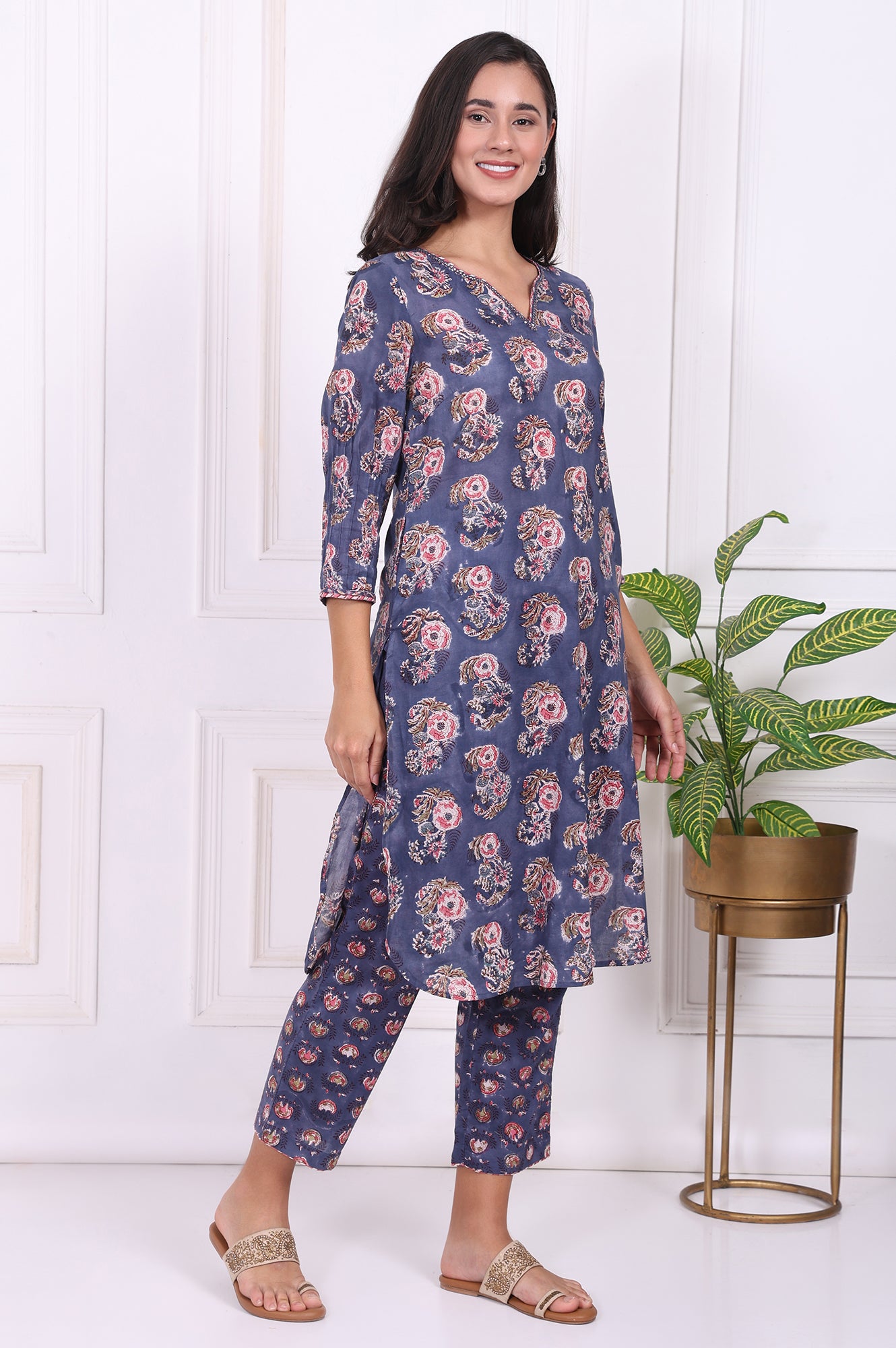 Blue Floral Printed Pure Cotton Straight Kurta, Pants and Dupatta Set