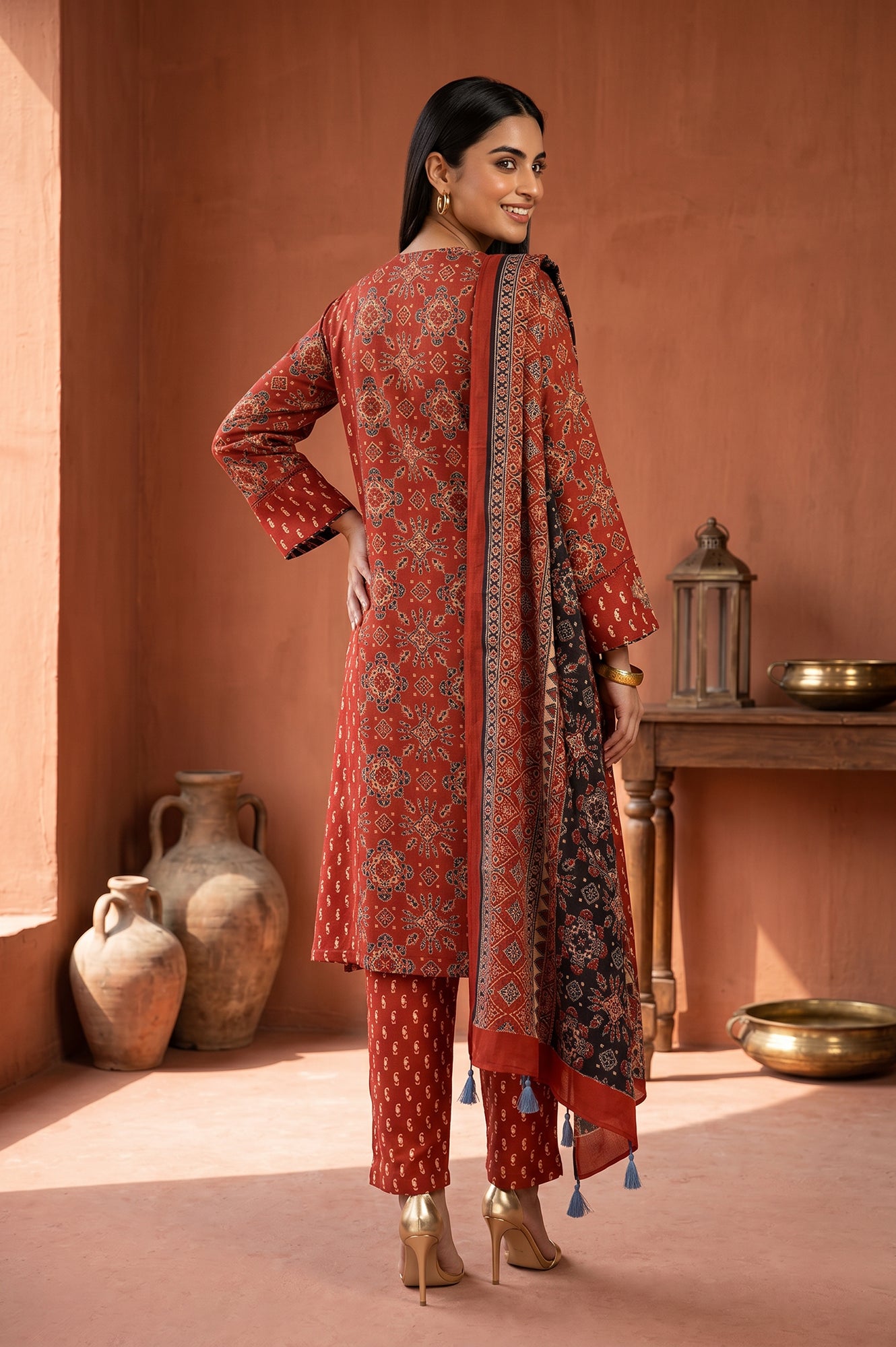 Rust Geometric Printed Modal Satin Straight Kurta With Pants and Dupatta Set
