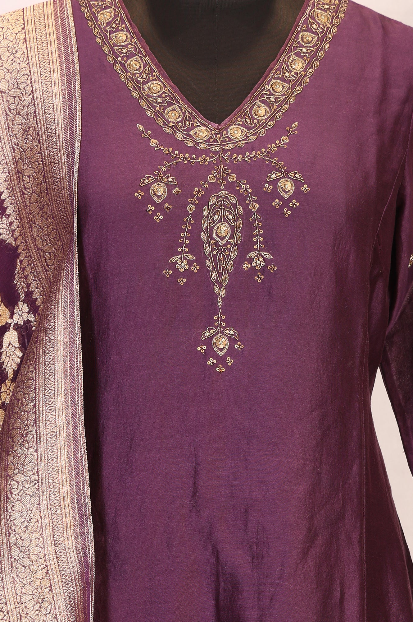 Purple Embroidered Zari Work Silk Blend Straight Kurta with Parallel Pants and Dupatta Set