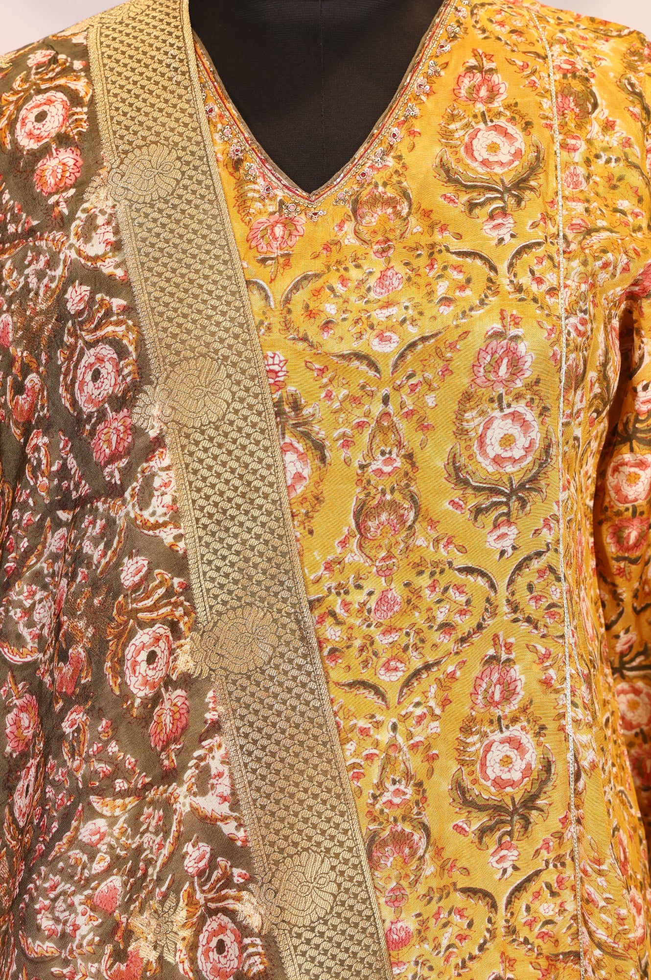 Yellow Floral Printed Zari Work Shantung Straight Kurta with Pants and Dupatta Set