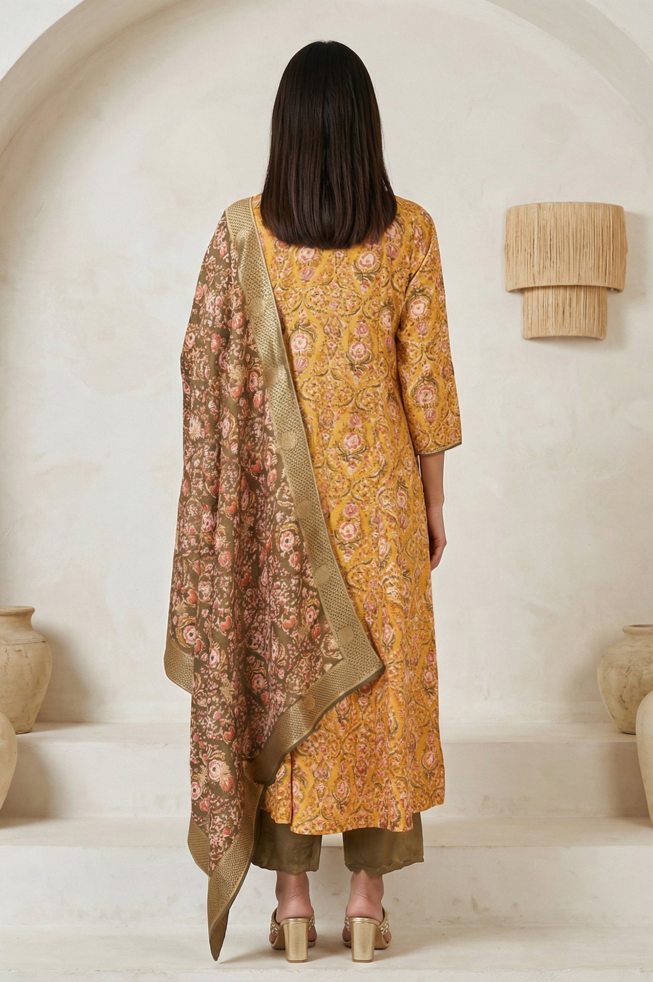 Yellow Floral Printed Zari Work Shantung Straight Kurta with Pants and Dupatta Set