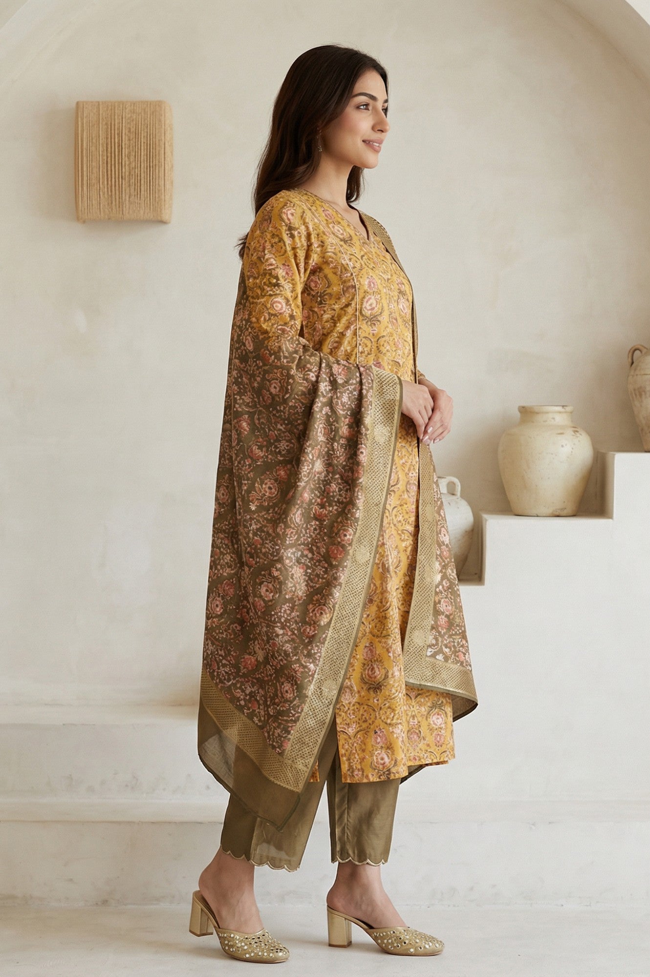 Yellow Floral Printed Zari Work Shantung Straight Kurta with Pants and Dupatta Set