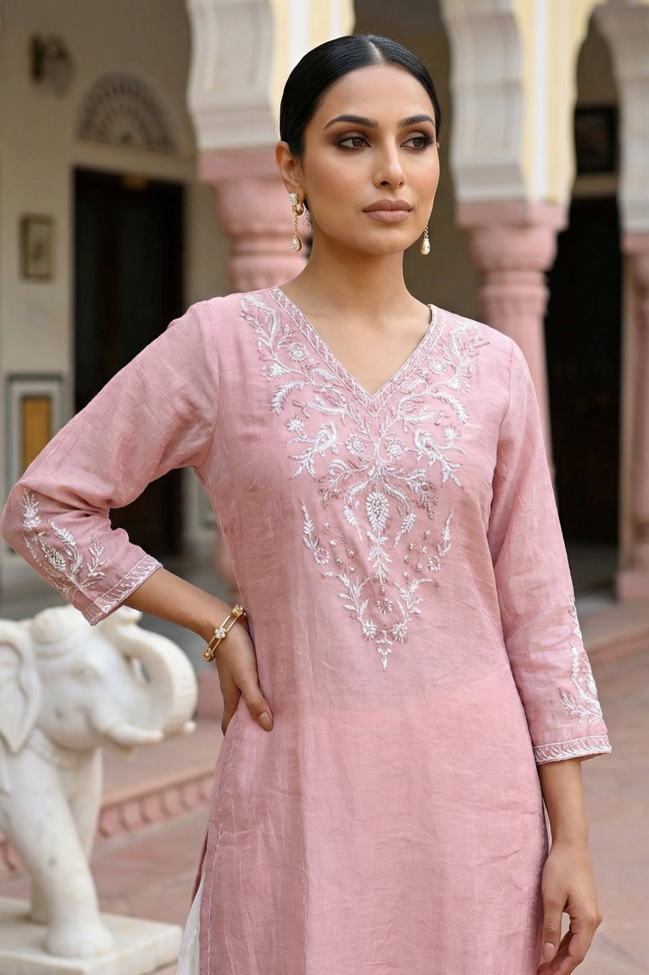 Rose Pink Zari Embroidered Cotton Blend Straight Kurta with Salwar and Dupatta Set