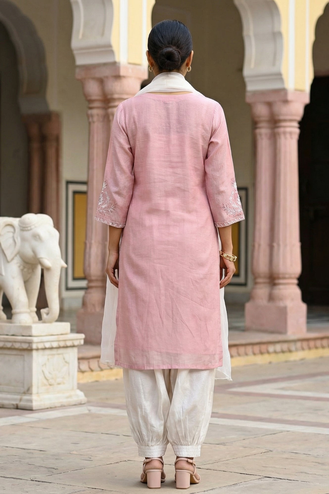 Rose Pink Zari Embroidered Cotton Blend Straight Kurta with Salwar and Dupatta Set