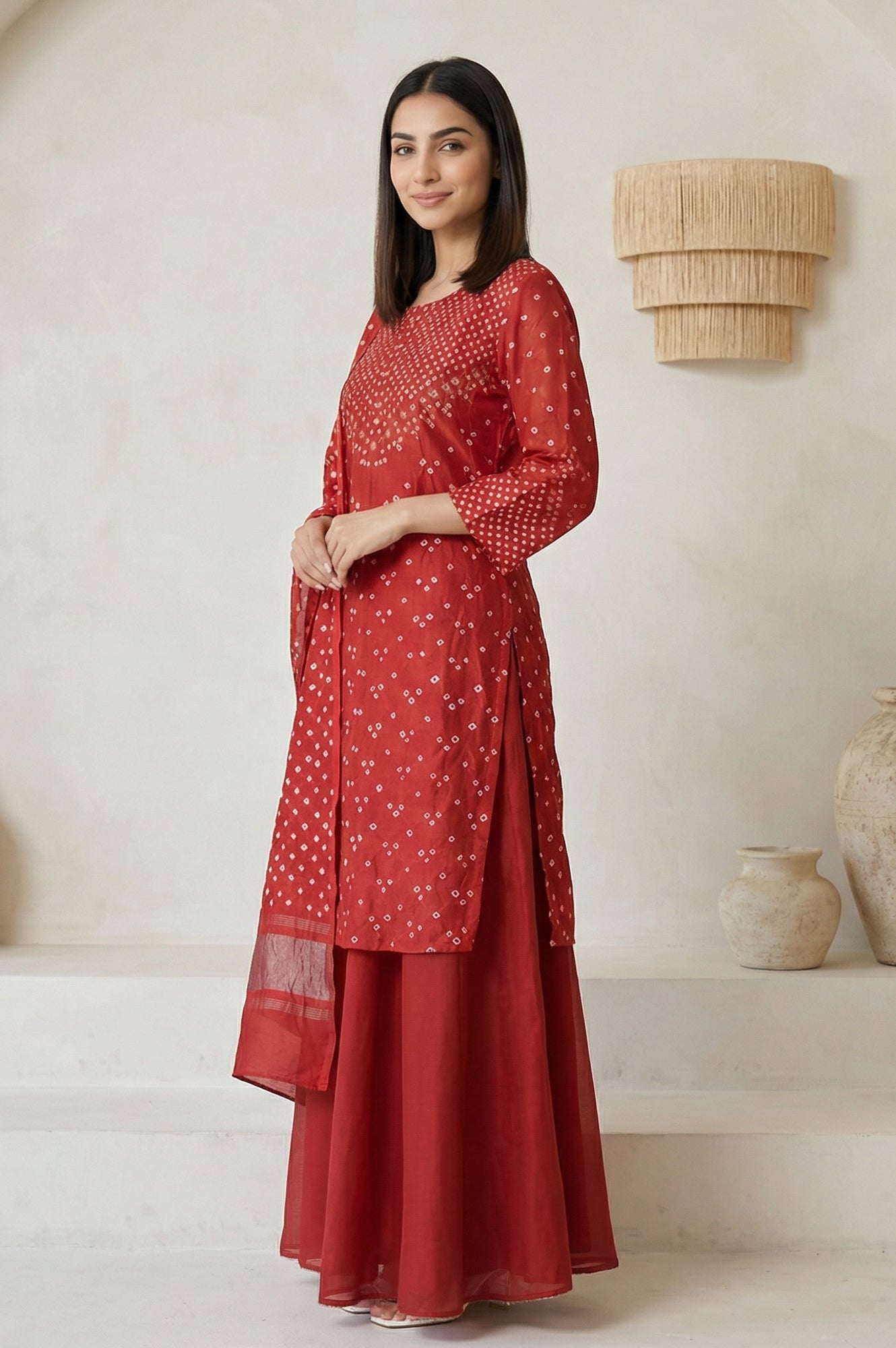 Red Bandhni Mirror Work Silk Blend Straight Kurta with Pant and Dupatta Set