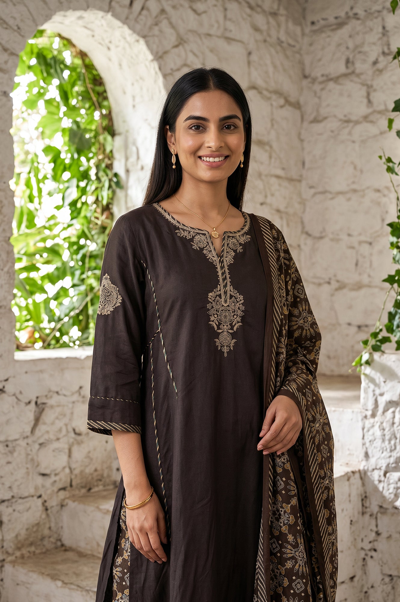 Brown Thread Embroidered Tussar Silk A-Line Kurta With Pants and Dupatta Set