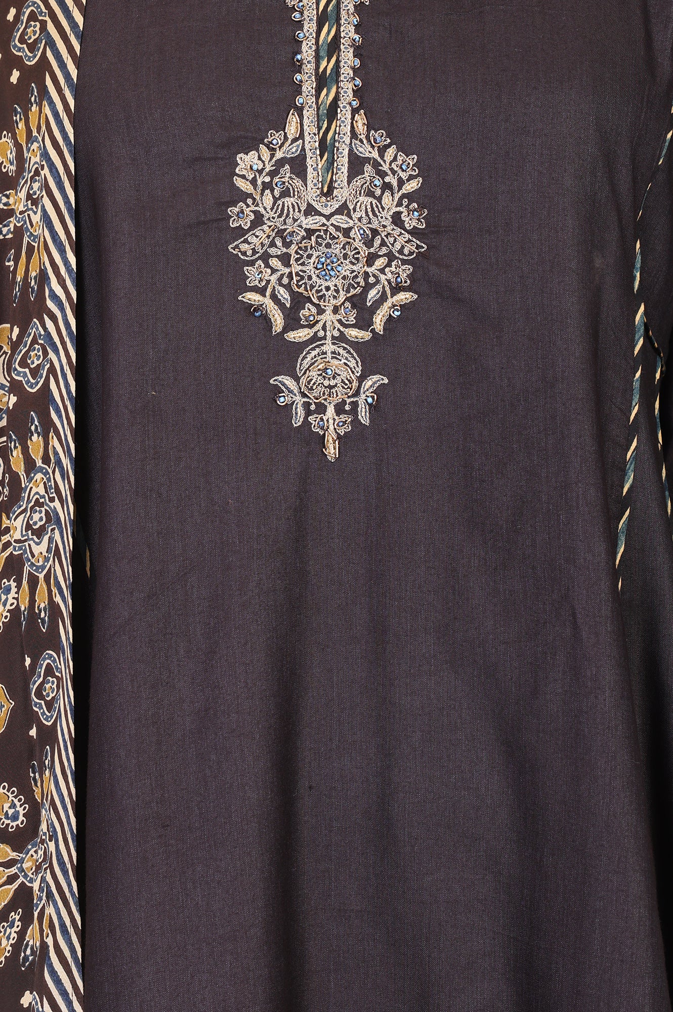 Brown Thread Embroidered Tussar Silk A-Line Kurta With Pants and Dupatta Set