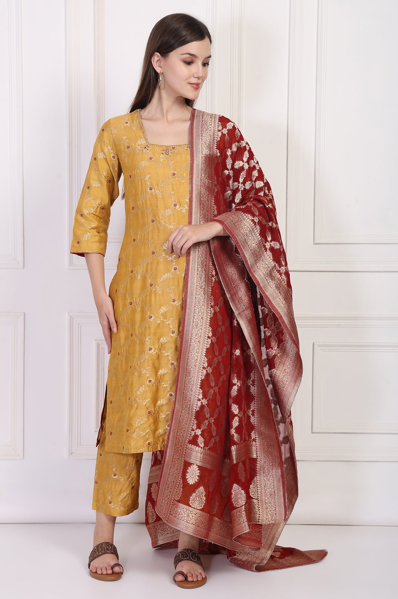 Mustard Jacquard Straight Kurta with Straight Pant and Dupatta Set