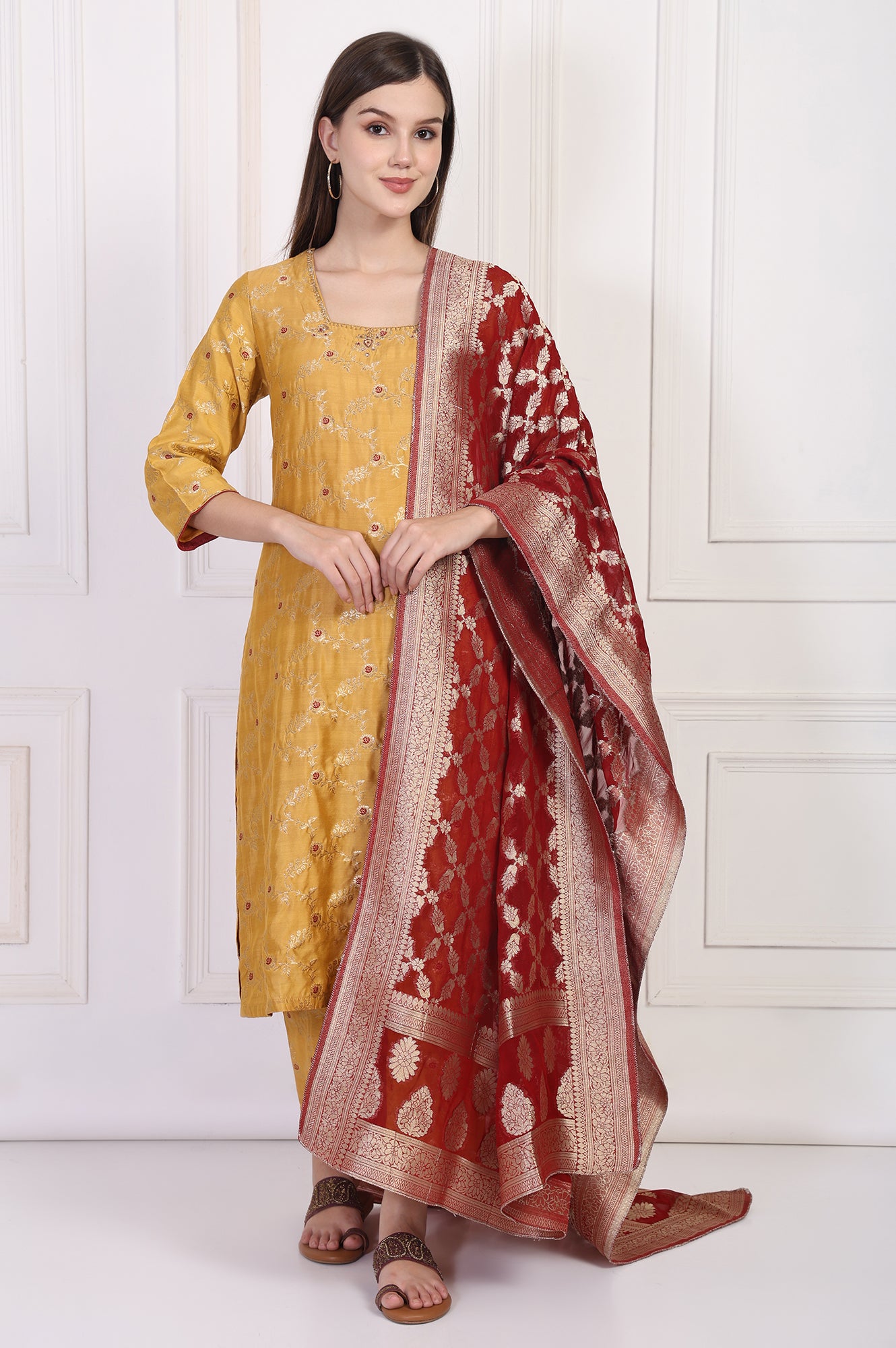 Mustard Jacquard Straight Kurta with Straight Pant and Dupatta Set