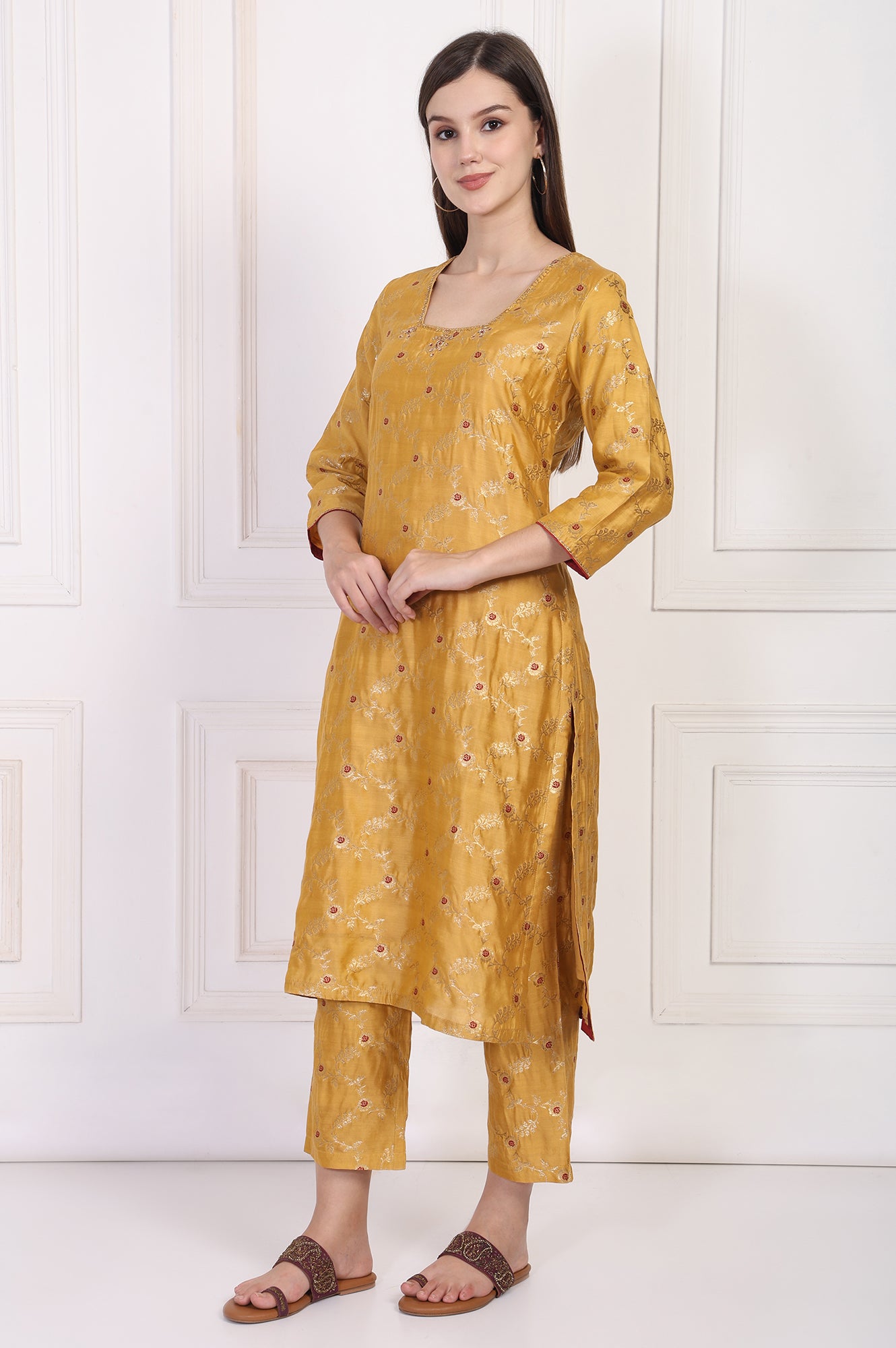 Mustard Jacquard Straight Kurta with Straight Pant and Dupatta Set