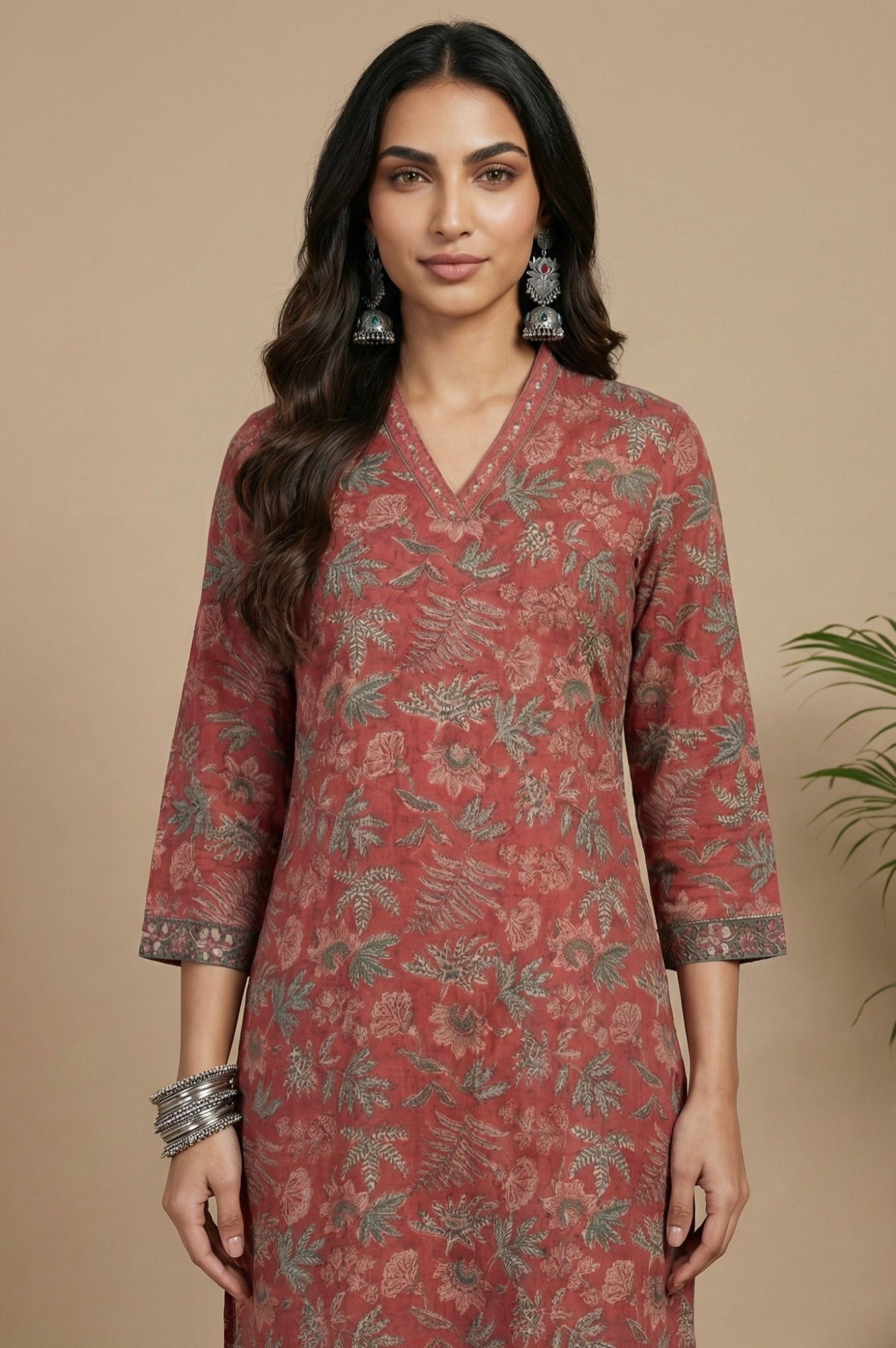 Dark Red Block Printed Pure Cotton Straight Kurta with Pants Set